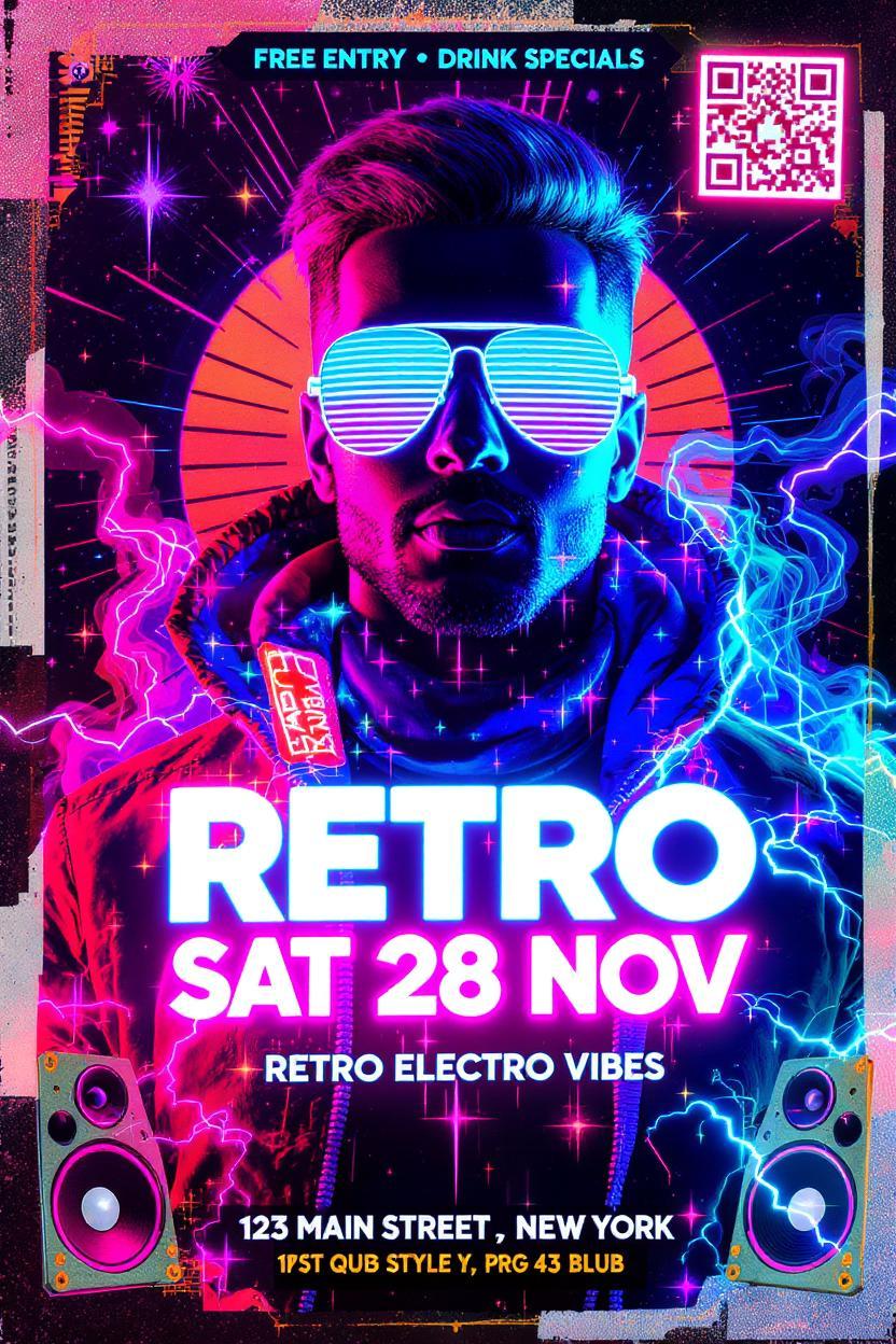 A retro-style nightclub flyer featuring a central figure wearing classic aviator sunglasses and futuristic party attire illuminated by sparkly neon pink and turquoise lighting. The background is a vibrant mix of glowing radial lines, retro gradients, grunge textures, and stylized red and blue smoke. Large speakers with electric cyan light accents frame the bottom corners to emphasize the party's music theme. Key callouts like "FREE ENTRY," "DRINK SPECIALS," and "RETRO ELECTRO VIBES" are displayed in bold white blocky text, with complementary neon accents. The date "SAT 28 NOV" is prominently showcased in bold white and cyan at the center of the layout, surrounded by glowing light effects and faint electric sparks. Venue details, like "123 Main Street, New York," are positioned neatly at the bottom, and a bright neon-style QR code sits in the top-right corner. The flyer embodies a retro yet futuristic aesthetic with fun, glowing effects --v 7 --ar 3:2 --q 2 --style 4b --quality 5 --tile