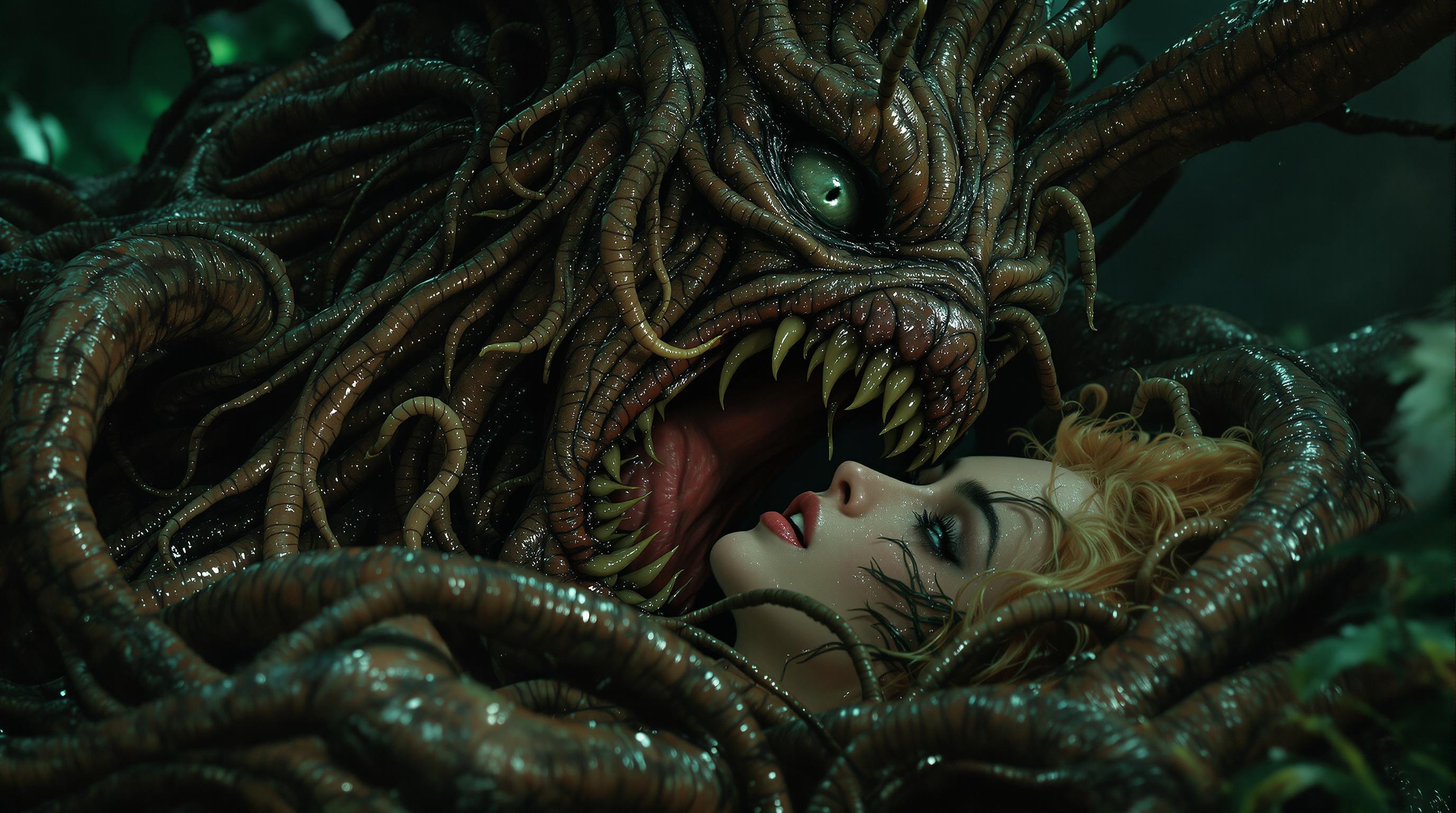 A hyper-realistic, award-winning 8K high-resolution photograph of a dramatic and intense scene featuring a woman entangled with a monstrous tree-like plant creature in a forbidden, primal encounter. The woman, with striking green eyes that are wide with emotion, displays a vivid expression of shock and ecstasy, her face flushed with a deep blush, mouth open in a scream of mixed pain and pleasure. Her body is positioned face down showcasing a curvaceous figure . Her clothes are torn and ripped, hanging in tatters around her frame, emphasizing the raw, untamed nature of the interaction.

The tree-like plant monster, an otherworldly entity with gnarled, bark-covered tendrils, exudes a dark, organic menace. Its massive, , textured with rough bark and pulsating vines, are unnaturally large and imposing, with excessive thick, viscous  slime dripping in abundance. creating a scene of extreme intensity with clear, glistening slime dripping profusely from her

The composition is captured from a side view, framing the woman and the creature in a dynamic, intimate angle that highlights the action and the glistening fluids. The lighting is dramatic, with harsh, natural shadows cast by an eerie forest canopy above, filtering dim, greenish light that enhances the textures of wet skin, slimy tendrils The atmosphere is humid and foreboding, set in a dense, misty jungle at twilight, with faint fog curling around the scene, amplifying the otherworldly, primal mood.

Rendered in photorealistic detail, every element—from the intricate bark textures of the monster to the subtle veins and flushed skin of the woman—is meticulously crafted. The focus is razor-sharp, emphasizing realistic eyes with perfect reflections, wet surfaces, and the excessive, thick fluids that coat the scene. This masterpiece captures a raw, visceral moment of monstrous desire and forbidden ecstasy, blending horror and devotion in a cohesive, breathtaking image.