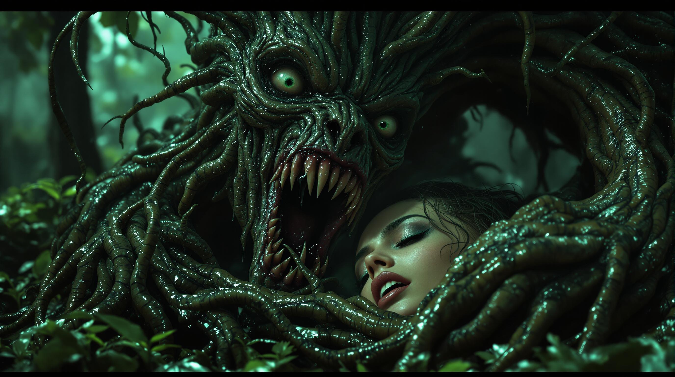 A hyper-realistic, award-winning 8K high-resolution photograph of a dramatic and intense scene featuring a woman entangled with a monstrous tree-like plant creature in a forbidden, primal encounter. The woman, with striking green eyes that are wide with emotion, displays a vivid expression of shock and ecstasy, her face flushed with a deep blush, mouth open in a scream of mixed pain and pleasure. Her body is positioned face down showcasing a curvaceous figure . Her clothes are torn and ripped, hanging in tatters around her frame, emphasizing the raw, untamed nature of the interaction.

The tree-like plant monster, an otherworldly entity with gnarled, bark-covered tendrils, exudes a dark, organic menace. Its massive, , textured with rough bark and pulsating vines, are unnaturally large and imposing, with excessive thick, viscous  slime dripping in abundance. creating a scene of extreme intensity with clear, glistening slime dripping profusely from her

The composition is captured from a side view, framing the woman and the creature in a dynamic, intimate angle that highlights the action and the glistening fluids. The lighting is dramatic, with harsh, natural shadows cast by an eerie forest canopy above, filtering dim, greenish light that enhances the textures of wet skin, slimy tendrils The atmosphere is humid and foreboding, set in a dense, misty jungle at twilight, with faint fog curling around the scene, amplifying the otherworldly, primal mood.

Rendered in photorealistic detail, every element—from the intricate bark textures of the monster to the subtle veins and flushed skin of the woman—is meticulously crafted. The focus is razor-sharp, emphasizing realistic eyes with perfect reflections, wet surfaces, and the excessive, thick fluids that coat the scene. This masterpiece captures a raw, visceral moment of monstrous desire and forbidden ecstasy, blending horror and devotion in a cohesive, breathtaking image.