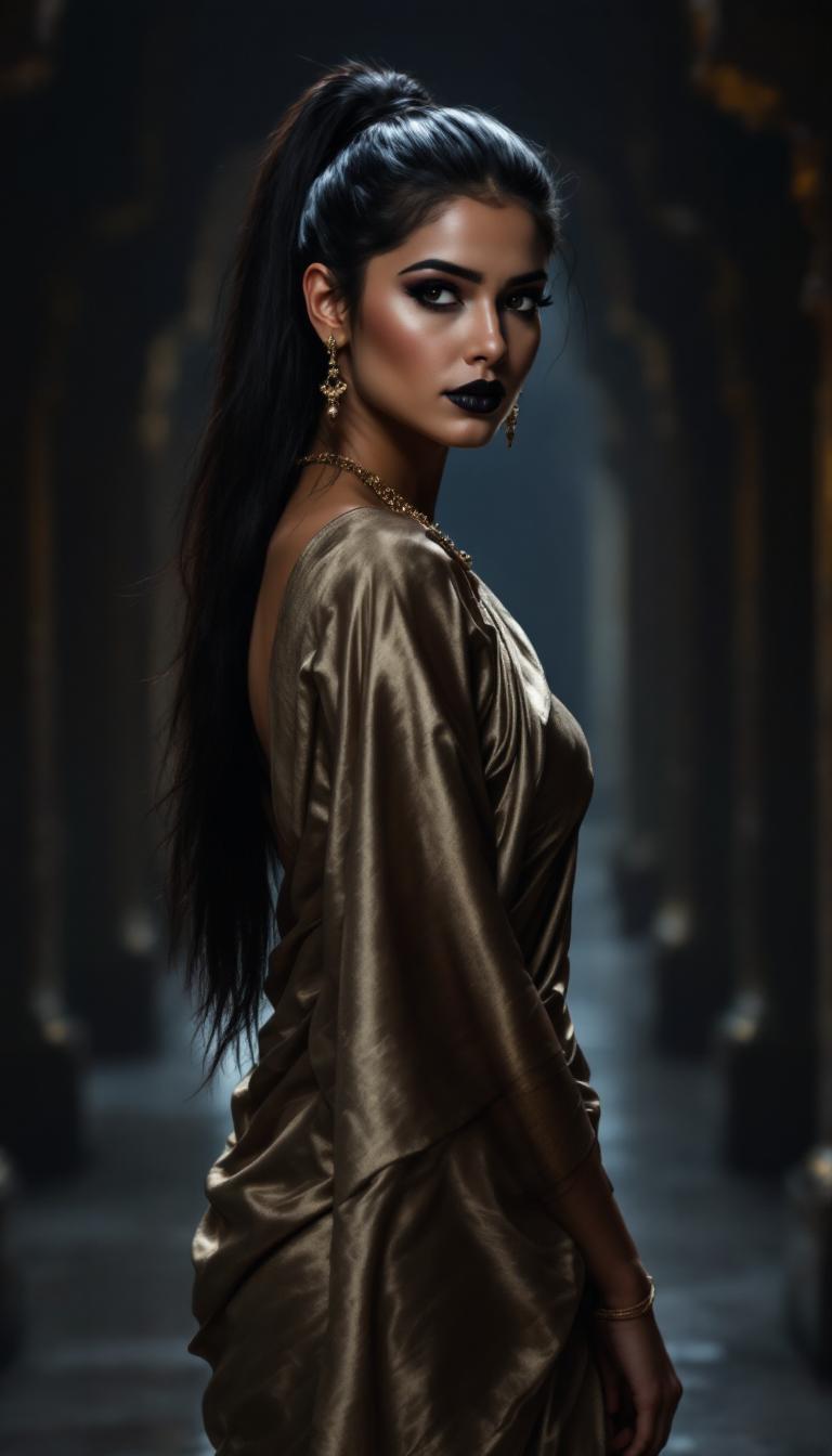 Mid 20s, hinting woman, shiny floor length  black hair, straight in a high pony tail, dressed in a silk sari. Heavy dark makeup, shiny black painted lips. Standing in a midnight dark  hindu temple hallway