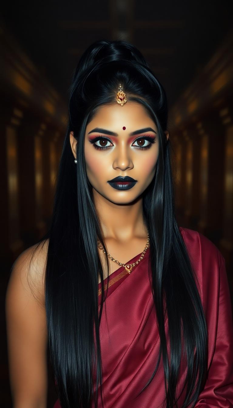 A striking mid-20s Hindu woman with flawless, radiant skin stands gracefully in the dimly lit hallway of an ancient Hindu temple at midnight. Her floor-length, shiny black hair is impeccably straight, pulled into a high, sleek ponytail that cascades down her back like a dark waterfall. She is dressed in an elegant silk sari, the fabric shimmering with subtle golden embroidery, draped perfectly to accentuate her poised posture. Her heavy, dramatic makeup features smoky, kohl-lined eyes and bold, shiny black painted lips that gleam under the faint light, exuding a mysterious allure. The temple hallway is cloaked in deep shadows, with intricate stone carvings of deities and floral motifs adorning the walls, illuminated by the soft, flickering glow of oil lamps. The atmosphere is serene yet haunting, with a cool, misty air and the faint scent of sandalwood incense lingering. The composition focuses on the woman as the central figure, standing confidently in the middle of the frame, captured from a slight low angle to emphasize her commanding presence against the towering, ancient architecture. The scene is rendered in a cinematic style, reminiscent of dramatic Bollywood aesthetics, with rich contrasts between light and shadow, vibrant yet moody color tones, and a hyper-realistic attention to texture and detail, evoking a sense of timeless mystique.