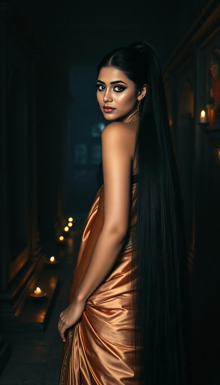 A striking mid-20s Hindu woman with flawless, radiant skin stands gracefully in the dimly lit hallway of an ancient Hindu temple at midnight. Her floor-length, shiny black hair is impeccably straight, pulled into a high, sleek ponytail that cascades down her back like a dark waterfall. She is dressed in an elegant silk sari, the fabric shimmering with subtle golden embroidery, draped perfectly to accentuate her poised posture. Her heavy, dramatic makeup features smoky, kohl-lined eyes and bold, shiny black painted lips that gleam under the faint light, exuding a mysterious allure. The temple hallway is cloaked in deep shadows, with intricate stone carvings of deities and floral motifs adorning the walls, illuminated by the soft, flickering glow of oil lamps. The atmosphere is serene yet haunting, with a cool, misty air and the faint scent of sandalwood incense lingering. The composition focuses on the woman as the central figure, standing confidently in the middle of the frame, captured from a slight low angle to emphasize her commanding presence against the towering, ancient architecture. The scene is rendered in a cinematic style, reminiscent of dramatic Bollywood aesthetics, with rich contrasts between light and shadow, vibrant yet moody color tones, and a hyper-realistic attention to texture and detail, evoking a sense of timeless mystique.