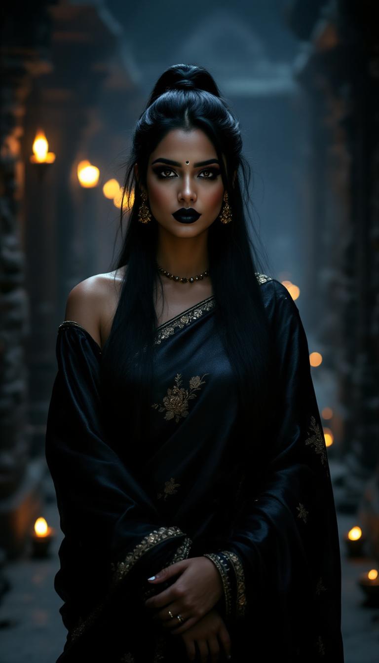A striking mid-20s Hindu woman with flawless, radiant skin stands gracefully in the dimly lit hallway of an ancient Hindu temple at midnight. Her floor-length, shiny black hair is impeccably straight, pulled into a high, sleek ponytail that cascades down her back like a dark waterfall. She is dressed in an elegant silk sari, the fabric shimmering with subtle golden embroidery, draped perfectly to accentuate her poised posture. Her heavy, dramatic makeup features smoky, kohl-lined eyes and bold, shiny black painted lips that gleam under the faint light, exuding a mysterious allure. The temple hallway is cloaked in deep shadows, with intricate stone carvings of deities and floral motifs adorning the walls, illuminated by the soft, flickering glow of oil lamps. The atmosphere is serene yet haunting, with a cool, misty air and the faint scent of sandalwood incense lingering. The composition focuses on the woman as the central figure, standing confidently in the middle of the frame, captured from a slight low angle to emphasize her commanding presence against the towering, ancient architecture. The scene is rendered in a cinematic style, reminiscent of dramatic Bollywood aesthetics, with rich contrasts between light and shadow, vibrant yet moody color tones, and a hyper-realistic attention to texture and detail, evoking a sense of timeless mystique.