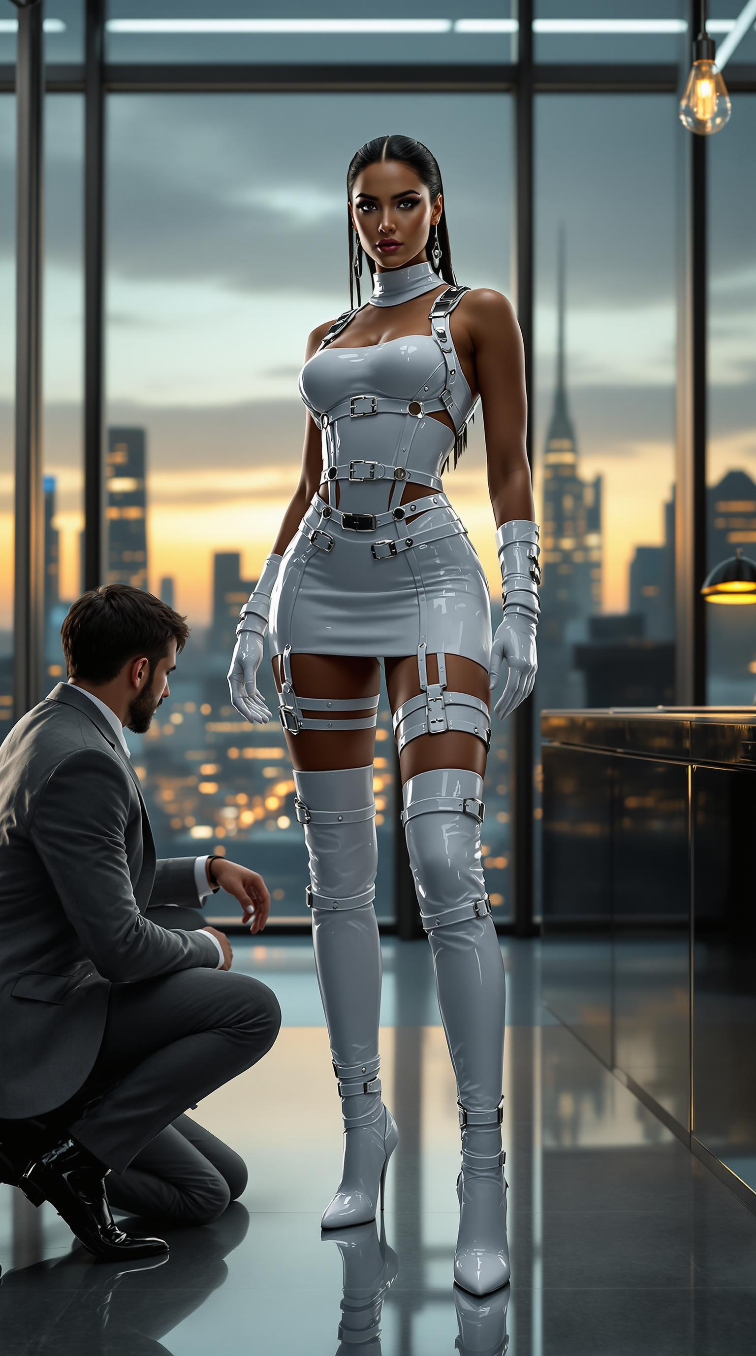 A striking and powerful scene featuring an athletic, mid-30s Hispanic woman as the central figure, exuding confidence and dominance. She is dressed in a form-fitting, shiny white latex minidress adorned with intricate straps and polished buckles that catch the light with a glossy sheen. Her ensemble is completed by thigh-high shiny white latex boots and elbow-length shiny white latex gloves, both detailed with matching straps and buckles, emphasizing a bold, futuristic fetish aesthetic. Her posture is commanding, standing tall with a slight tilt of her head, exuding authority. Beside her, kneeling on the polished floor in a submissive posture, is a young man in his late 20s with neatly styled dark hair and a trim beard. He wears a well-tailored gray business suit, slightly rumpled, with a crisp white shirt and a loosened tie, his head bowed in deference. The setting is a modern, sleek office with large glass windows revealing a city skyline at dusk, casting a warm golden glow across the room. The office features minimalist furniture, a glossy black desk, and subtle metallic accents, creating a cold yet sophisticated atmosphere. The composition focuses on the woman as the dominant figure, positioned slightly off-center with the man at her feet, framed from a low angle to emphasize her towering presence and authority. The lighting is dramatic, with soft, diffused natural light from the windows contrasting with cool, artificial overhead lights, creating reflective highlights on the latex material. The mood is intense and charged, blending elements of power dynamics with a polished, high-fashion edge. Rendered in a hyper-realistic digital art style with a focus on sharp details, smooth textures, and cinematic depth of field, reminiscent of high-end fashion photography.