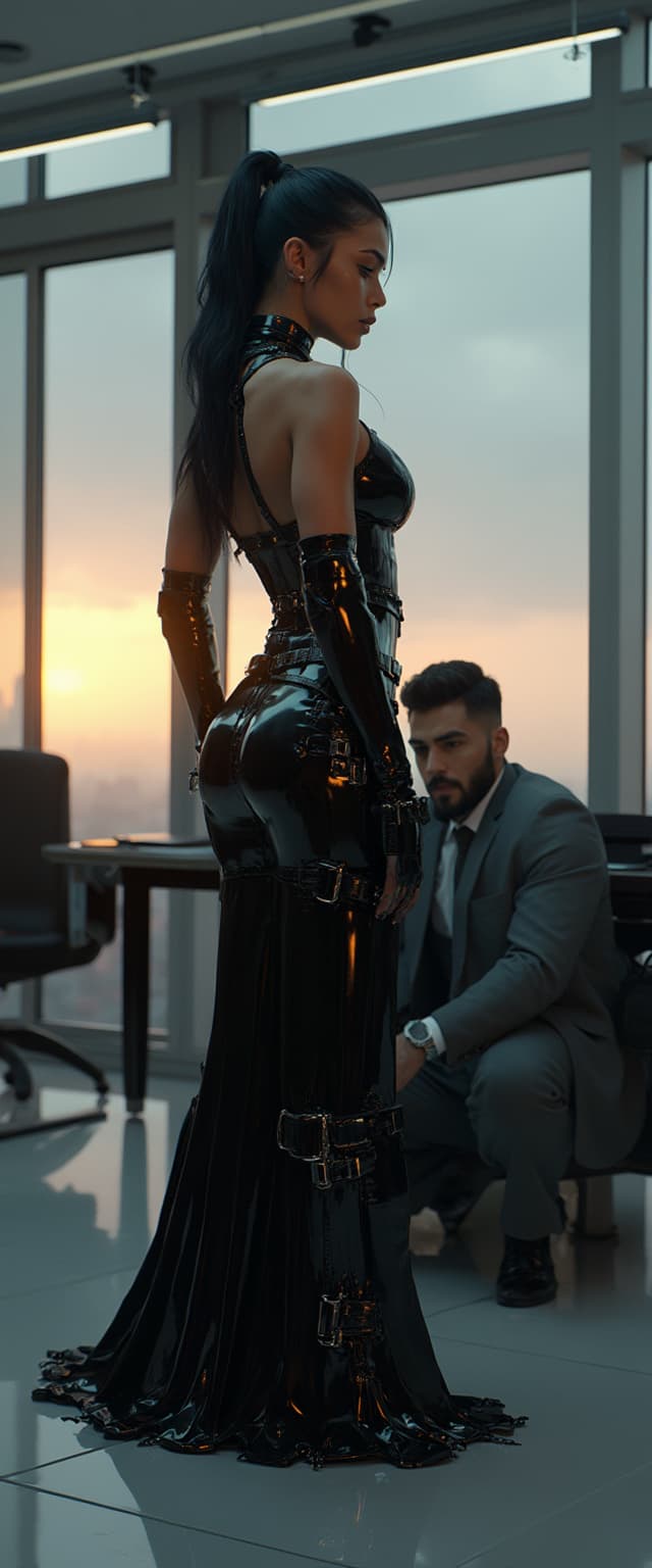 A striking and powerful scene featuring an athletic, mid-30s Hispanic woman as the central figure, exuding confidence and dominance. Her shiny black hair is in a high pony tail that falls down her back to her knees. She is dressed in a form-fitting, shiny black latex floor length dress adorned with intricate straps and polished buckles that catch the light with a glossy sheen. Her ensemble is completed by thigh-high shiny black latex boots and elbow-length shiny black latex gloves, both detailed with matching straps and buckles, emphasizing a bold, futuristic fetish aesthetic. Her posture is commanding, standing tall with a slight tilt of her head, exuding authority. Beside her, kneeling on the polished floor in a submissive posture, is a young man in his late 20s with neatly styled dark hair and a trim beard. He wears a well-tailored gray business suit, slightly rumpled, with a crisp white shirt and a loosened tie, his head bowed in deference. The setting is a modern, sleek office with large glass windows revealing a city skyline at dusk, casting a warm golden glow across the room. The office features minimalist furniture, a glossy black desk, and subtle metallic accents, creating a cold yet sophisticated atmosphere. The composition focuses on the woman as the dominant figure, positioned slightly off-center with the man at her feet, framed from a low angle to emphasize her towering presence and authority. The lighting is dramatic, with soft, diffused natural light from the windows contrasting with cool, artificial overhead lights, creating reflective highlights on the latex material. The mood is intense and charged, blending elements of power dynamics with a polished, high-fashion edge. Rendered in a hyper-realistic digital art style with a focus on sharp details, smooth textures, and cinematic depth of field, reminiscent of high-end fashion photography.