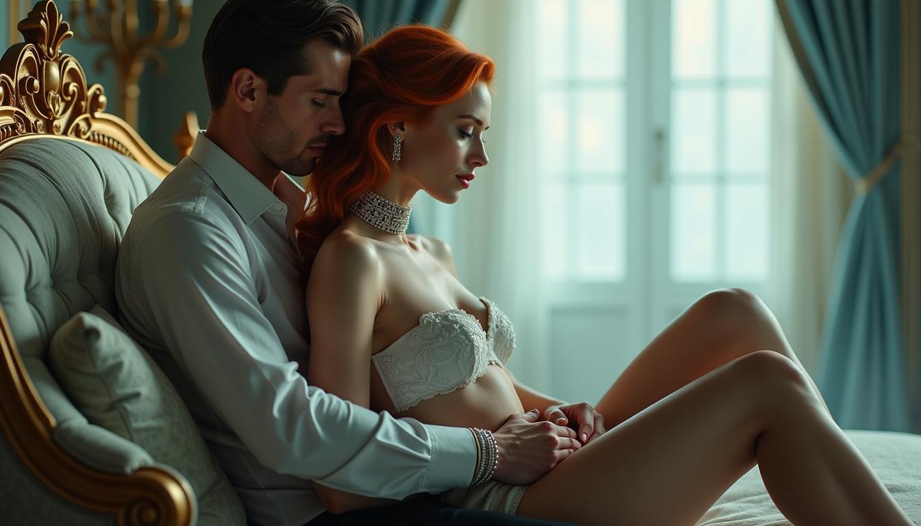 A mesmerizing and intimate scene featuring a stunning woman in her late 40s, radiating timeless elegance and captivating allure, intertwined with a tall, white man in a moment of profound connection. The woman sits gracefully atop the man’s waist, her posture poised and confident, while his hands rest tenderly yet possessively on her toned, muscular frame, conveying both protection and sensuality. Captured from a side view, the composition highlights their striking profiles and the electric chemistry between them, their bodies forming a harmonious, curving silhouette that draws the eye. The woman’s pale, smooth skin glows with an ethereal, almost ghostly luminescence under soft, diffused lighting, creating a haunting contrast with her piercing sky-blue eyes that seem to penetrate the soul. Her ginger hair cascades in voluminous, perfectly sculpted waves, framing her face with a fiery yet refined charm, while her toned physique—defined legs and curvaceous silhouette—is accentuated by her elegant posture, with her prominent bust adding a bold, feminine allure.

The setting is a luxurious, high-class bedroom designed in opulent Empire style, with intricate gold detailing, rich velvet drapes, and ornate furniture that exudes historical grandeur, yet remains subtly blurred to maintain focus on the couple. The background carries a misty, dreamlike quality, as if the scene is suspended in a surreal, otherworldly moment, enhancing the ghostly ambiance. The woman’s attire and accessories epitomize sophistication: a pristine white choker encircles her neck, paired with intricate, shimmering bracelets on each wrist and an abundance of delicate jewelry that glints with every subtle movement, catching the soft light. Her white high heels add a touch of timeless glamour, their polished surfaces reflecting faint glimmers of silver.

The mood is deeply intimate and hauntingly beautiful, steeped in mystery and romance, with an atmosphere reminiscent of a cinematic dreamscape. The artistic style mirrors high-fashion editorial photography, emphasizing dramatic contrasts between light and shadow, razor-sharp details in the subjects’ features and attire, and a cinematic color palette of pale whites, soft silvers, and warm ginger tones, with subtle hints of cool mist in the background. The framing is tight and dynamic, centering the couple within the composition, their intertwined forms creating a focal point of emotional and visual intensity against the ethereal, softly blurred backdrop. The lighting is cinematic, with a gentle glow highlighting the woman’s ghostly pallor and the man’s strong, supportive presence, while the overall scene evokes a sense of timeless passion captured in a fleeting, surreal moment.