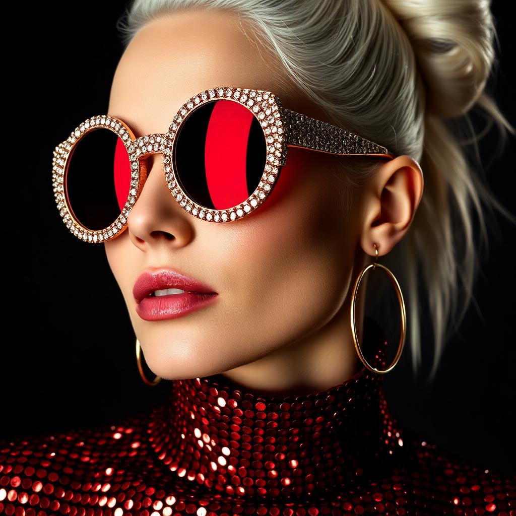 This image is a closeup portrait of a person with a highly stylized and fashionable appearance. The subject is wearing a highneck garment covered in a multitude of small, reflective red sequins, which gives the fabric a shimmering texture. The sequins are densely packed, and the light reflects off them in a way that creates a dazzling effect.The person is also wearing large, round sunglasses with a frame that sparkles with what appears to be crystals or rhinestones, which are set in a gold or rose gold metal. The lenses of the sunglasses are tinted a deep red, which matches the sequins on the garment and the earrings.The earrings are hoop earrings with a metallic finish, likely gold or silver, and they are large enough to be noticeable. They complement the overall opulence of the outfit and accessories.The hair of the subject is styled in a high, sculpted bun on the top of the head, with strands carefully arranged to give the appearance of a voluminous, sculpted hairstyle. The hair color is a platinum blonde, which is a stark contrast to the warm tones of the outfit and accessories.The art style of the image is highly stylized and glamorous, with a focus on fashion and luxury. The lighting is dramatic and highlights the textures and colors of the subjects clothing and accessories, giving the image a polished and professional look.The medium of the image is likely digital photography, given the high quality and sharpness of the details, as well as the even lighting and color saturation. The image has a highresolution and appears to be professionally retouched, with attention to detail in the skin texture, hair, and clothing.Overall, the image exudes a sense of luxury, fashion, and glamour, with a focus on the subjects accessories and hairstyle, set against a nondescript background that ensures all attention is on the subjects appearance.