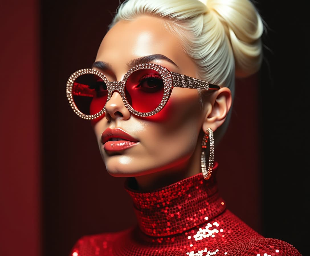 This image is a closeup portrait of a person with a highly stylized and fashionable appearance. The subject is wearing a highneck garment covered in a multitude of small, reflective red sequins, which gives the fabric a shimmering texture. The sequins are densely packed, and the light reflects off them in a way that creates a dazzling effect.The person is also wearing large, round sunglasses with a frame that sparkles with what appears to be crystals or rhinestones, which are set in a gold or rose gold metal. The lenses of the sunglasses are tinted a deep red, which matches the sequins on the garment and the earrings.The earrings are hoop earrings with a metallic finish, likely gold or silver, and they are large enough to be noticeable. They complement the overall opulence of the outfit and accessories.The hair of the subject is styled in a high, sculpted bun on the top of the head, with strands carefully arranged to give the appearance of a voluminous, sculpted hairstyle. The hair color is a platinum blonde, which is a stark contrast to the warm tones of the outfit and accessories.The art style of the image is highly stylized and glamorous, with a focus on fashion and luxury. The lighting is dramatic and highlights the textures and colors of the subjects clothing and accessories, giving the image a polished and professional look.The medium of the image is likely digital photography, given the high quality and sharpness of the details, as well as the even lighting and color saturation. The image has a highresolution and appears to be professionally retouched, with attention to detail in the skin texture, hair, and clothing.Overall, the image exudes a sense of luxury, fashion, and glamour, with a focus on the subjects accessories and hairstyle, set against a nondescript background that ensures all attention is on the subjects appearance.