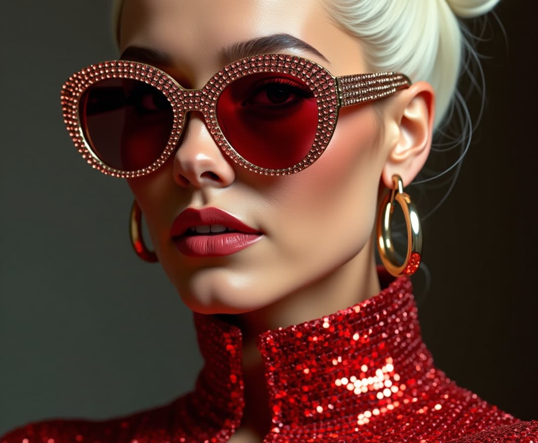 This image is a closeup portrait of a person with a highly stylized and fashionable appearance. The subject is wearing a highneck garment covered in a multitude of small, reflective red sequins, which gives the fabric a shimmering texture. The sequins are densely packed, and the light reflects off them in a way that creates a dazzling effect.The person is also wearing large, round sunglasses with a frame that sparkles with what appears to be crystals or rhinestones, which are set in a gold or rose gold metal. The lenses of the sunglasses are tinted a deep red, which matches the sequins on the garment and the earrings.The earrings are hoop earrings with a metallic finish, likely gold or silver, and they are large enough to be noticeable. They complement the overall opulence of the outfit and accessories.The hair of the subject is styled in a high, sculpted bun on the top of the head, with strands carefully arranged to give the appearance of a voluminous, sculpted hairstyle. The hair color is a platinum blonde, which is a stark contrast to the warm tones of the outfit and accessories.The art style of the image is highly stylized and glamorous, with a focus on fashion and luxury. The lighting is dramatic and highlights the textures and colors of the subjects clothing and accessories, giving the image a polished and professional look.The medium of the image is likely digital photography, given the high quality and sharpness of the details, as well as the even lighting and color saturation. The image has a highresolution and appears to be professionally retouched, with attention to detail in the skin texture, hair, and clothing.Overall, the image exudes a sense of luxury, fashion, and glamour, with a focus on the subjects accessories and hairstyle, set against a nondescript background that ensures all attention is on the subjects appearance.