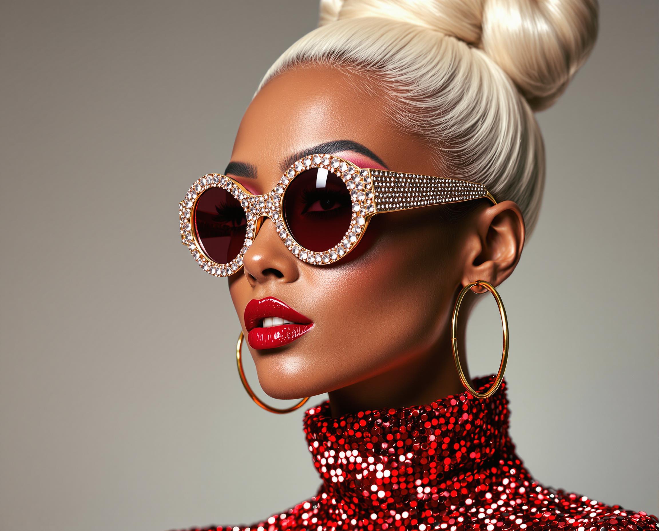 This image is a closeup portrait of a person with a highly stylized and fashionable appearance. The subject is wearing a highneck garment covered in a multitude of small, reflective red sequins, which gives the fabric a shimmering texture. The sequins are densely packed, and the light reflects off them in a way that creates a dazzling effect.The person is also wearing large, round sunglasses with a frame that sparkles with what appears to be crystals or rhinestones, which are set in a gold or rose gold metal. The lenses of the sunglasses are tinted a deep red, which matches the sequins on the garment and the earrings.The earrings are hoop earrings with a metallic finish, likely gold or silver, and they are large enough to be noticeable. They complement the overall opulence of the outfit and accessories.The hair of the subject is styled in a high, sculpted bun on the top of the head, with strands carefully arranged to give the appearance of a voluminous, sculpted hairstyle. The hair color is a platinum blonde, which is a stark contrast to the warm tones of the outfit and accessories.The art style of the image is highly stylized and glamorous, with a focus on fashion and luxury. The lighting is dramatic and highlights the textures and colors of the subjects clothing and accessories, giving the image a polished and professional look.The medium of the image is likely digital photography, given the high quality and sharpness of the details, as well as the even lighting and color saturation. The image has a highresolution and appears to be professionally retouched, with attention to detail in the skin texture, hair, and clothing.Overall, the image exudes a sense of luxury, fashion, and glamour, with a focus on the subjects accessories and hairstyle, set against a nondescript background that ensures all attention is on the subjects appearance.
