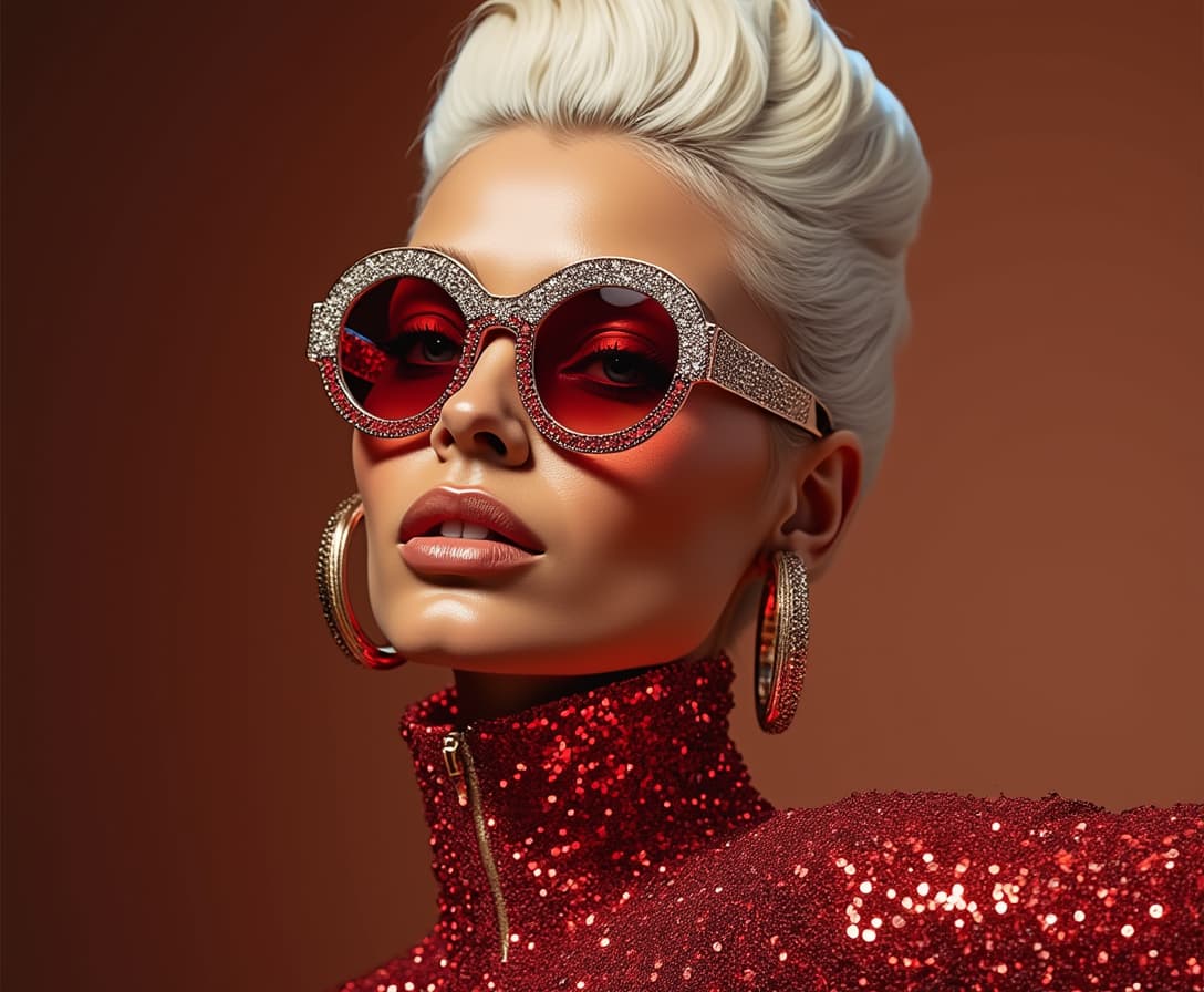This image is a closeup portrait of a person with a highly stylized and fashionable appearance. The subject is wearing a highneck garment covered in a multitude of small, reflective red sequins, which gives the fabric a shimmering texture. The sequins are densely packed, and the light reflects off them in a way that creates a dazzling effect.The person is also wearing large, round sunglasses with a frame that sparkles with what appears to be crystals or rhinestones, which are set in a gold or rose gold metal. The lenses of the sunglasses are tinted a deep red, which matches the sequins on the garment and the earrings.The earrings are hoop earrings with a metallic finish, likely gold or silver, and they are large enough to be noticeable. They complement the overall opulence of the outfit and accessories.The hair of the subject is styled in a high, sculpted bun on the top of the head, with strands carefully arranged to give the appearance of a voluminous, sculpted hairstyle. The hair color is a platinum blonde, which is a stark contrast to the warm tones of the outfit and accessories.The art style of the image is highly stylized and glamorous, with a focus on fashion and luxury. The lighting is dramatic and highlights the textures and colors of the subjects clothing and accessories, giving the image a polished and professional look.The medium of the image is likely digital photography, given the high quality and sharpness of the details, as well as the even lighting and color saturation. The image has a highresolution and appears to be professionally retouched, with attention to detail in the skin texture, hair, and clothing.Overall, the image exudes a sense of luxury, fashion, and glamour, with a focus on the subjects accessories and hairstyle, set against a nondescript background that ensures all attention is on the subjects appearance.