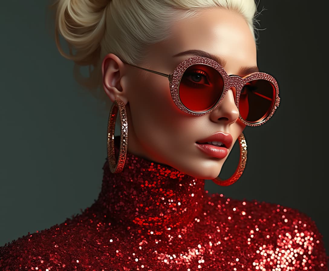 This image is a closeup portrait of a person with a highly stylized and fashionable appearance. The subject is wearing a highneck garment covered in a multitude of small, reflective red sequins, which gives the fabric a shimmering texture. The sequins are densely packed, and the light reflects off them in a way that creates a dazzling effect.The person is also wearing large, round sunglasses with a frame that sparkles with what appears to be crystals or rhinestones, which are set in a gold or rose gold metal. The lenses of the sunglasses are tinted a deep red, which matches the sequins on the garment and the earrings.The earrings are hoop earrings with a metallic finish, likely gold or silver, and they are large enough to be noticeable. They complement the overall opulence of the outfit and accessories.The hair of the subject is styled in a high, sculpted bun on the top of the head, with strands carefully arranged to give the appearance of a voluminous, sculpted hairstyle. The hair color is a platinum blonde, which is a stark contrast to the warm tones of the outfit and accessories.The art style of the image is highly stylized and glamorous, with a focus on fashion and luxury. The lighting is dramatic and highlights the textures and colors of the subjects clothing and accessories, giving the image a polished and professional look.The medium of the image is likely digital photography, given the high quality and sharpness of the details, as well as the even lighting and color saturation. The image has a highresolution and appears to be professionally retouched, with attention to detail in the skin texture, hair, and clothing.Overall, the image exudes a sense of luxury, fashion, and glamour, with a focus on the subjects accessories and hairstyle, set against a nondescript background that ensures all attention is on the subjects appearance.