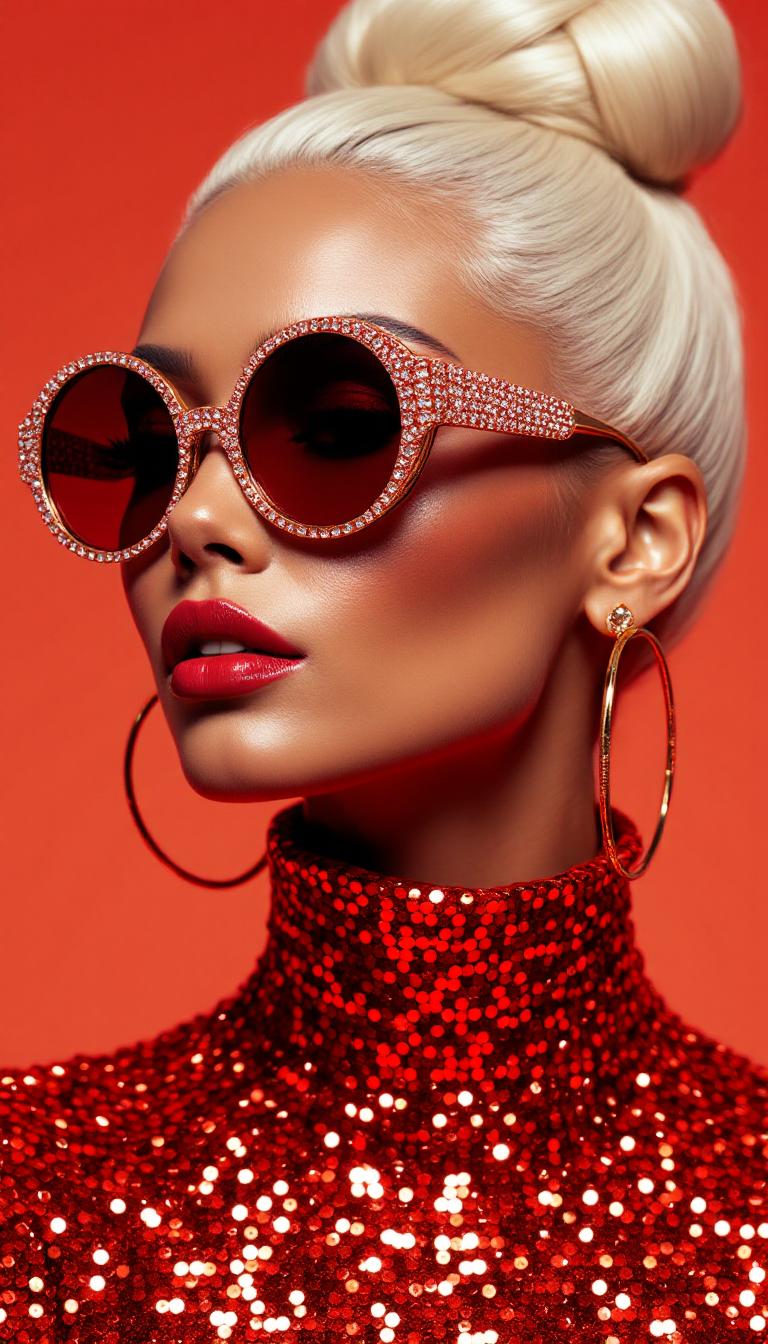 This image is a closeup portrait of a person with a highly stylized and fashionable appearance. The subject is wearing a highneck garment covered in a multitude of small, reflective red sequins, which gives the fabric a shimmering texture. The sequins are densely packed, and the light reflects off them in a way that creates a dazzling effect.The person is also wearing large, round sunglasses with a frame that sparkles with what appears to be crystals or rhinestones, which are set in a gold or rose gold metal. The lenses of the sunglasses are tinted a deep red, which matches the sequins on the garment and the earrings.The earrings are hoop earrings with a metallic finish, likely gold or silver, and they are large enough to be noticeable. They complement the overall opulence of the outfit and accessories.The hair of the subject is styled in a high, sculpted bun on the top of the head, with strands carefully arranged to give the appearance of a voluminous, sculpted hairstyle. The hair color is a platinum blonde, which is a stark contrast to the warm tones of the outfit and accessories.The art style of the image is highly stylized and glamorous, with a focus on fashion and luxury. The lighting is dramatic and highlights the textures and colors of the subjects clothing and accessories, giving the image a polished and professional look.The medium of the image is likely digital photography, given the high quality and sharpness of the details, as well as the even lighting and color saturation. The image has a highresolution and appears to be professionally retouched, with attention to detail in the skin texture, hair, and clothing.Overall, the image exudes a sense of luxury, fashion, and glamour, with a focus on the subjects accessories and hairstyle, set against a nondescript background that ensures all attention is on the subjects appearance.