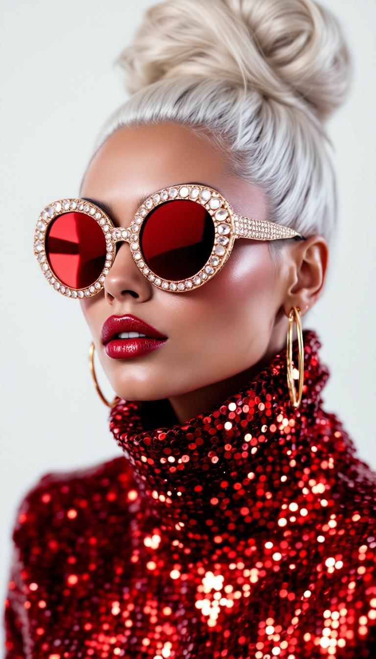 This image is a closeup portrait of a person with a highly stylized and fashionable appearance. The subject is wearing a highneck garment covered in a multitude of small, reflective red sequins, which gives the fabric a shimmering texture. The sequins are densely packed, and the light reflects off them in a way that creates a dazzling effect.The person is also wearing large, round sunglasses with a frame that sparkles with what appears to be crystals or rhinestones, which are set in a gold or rose gold metal. The lenses of the sunglasses are tinted a deep red, which matches the sequins on the garment and the earrings.The earrings are hoop earrings with a metallic finish, likely gold or silver, and they are large enough to be noticeable. They complement the overall opulence of the outfit and accessories.The hair of the subject is styled in a high, sculpted bun on the top of the head, with strands carefully arranged to give the appearance of a voluminous, sculpted hairstyle. The hair color is a platinum blonde, which is a stark contrast to the warm tones of the outfit and accessories.The art style of the image is highly stylized and glamorous, with a focus on fashion and luxury. The lighting is dramatic and highlights the textures and colors of the subjects clothing and accessories, giving the image a polished and professional look.The medium of the image is likely digital photography, given the high quality and sharpness of the details, as well as the even lighting and color saturation. The image has a highresolution and appears to be professionally retouched, with attention to detail in the skin texture, hair, and clothing.Overall, the image exudes a sense of luxury, fashion, and glamour, with a focus on the subjects accessories and hairstyle, set against a nondescript background that ensures all attention is on the subjects appearance.