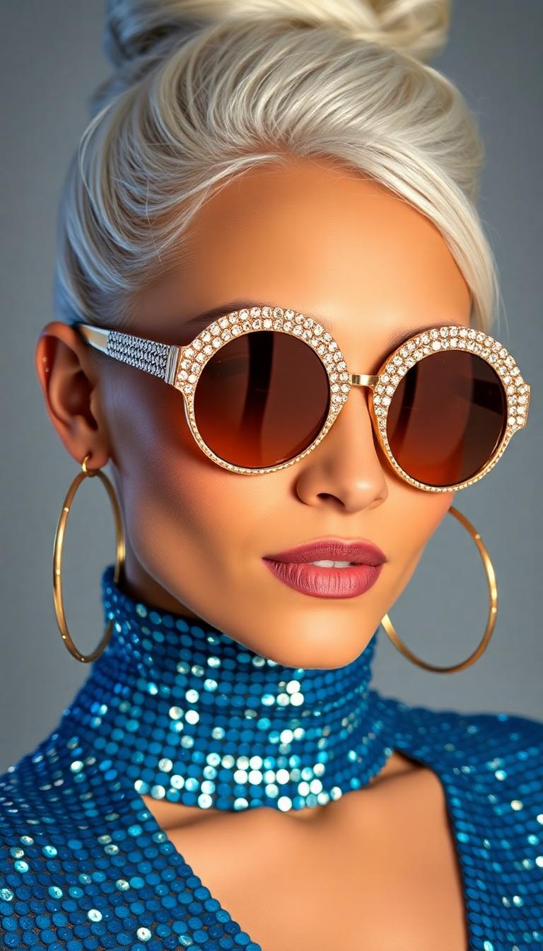 This image is a closeup portrait of a person with a highly stylized and fashionable appearance. The subject is wearing a highneck garment covered in a multitude of small, reflective blue sequins, which gives the fabric a shimmering texture. The sequins are densely packed, and the light reflects off them in a way that creates a dazzling effect.The person is also wearing large, round sunglasses with a frame that sparkles with what appears to be crystals or rhinestones, which are set in a gold or rose gold metal. The lenses of the sunglasses are tinted a deep gold, which matches the sequins on the garment and the earrings.The earrings are hoop earrings with a metallic finish, likely gold or silver, and they are large enough to be noticeable. They complement the overall opulence of the outfit and accessories.The hair of the subject is styled in a high, sculpted bun on the top of the head, with strands carefully arranged to give the appearance of a voluminous, sculpted hairstyle. The hair color is a platinum blonde, which is a stark contrast to the warm tones of the outfit and accessories.The art style of the image is highly stylized and glamorous, with a focus on fashion and luxury. The lighting is dramatic and highlights the textures and colors of the subjects clothing and accessories, giving the image a polished and professional look.The medium of the image is likely digital photography, given the high quality and sharpness of the details, as well as the even lighting and color saturation. The image has a high resolution and appears to be professionally retouched, with attention to detail in the skin texture, hair, and clothing.Overall, the image exudes a sense of luxury, fashion, and glamour, with a focus on the subjects accessories and hairstyle, set against a nondescript background that ensures all attention is on the subjects appearance.
