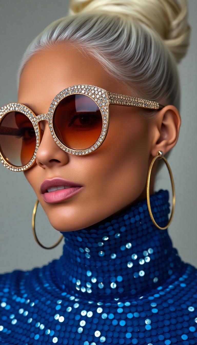 This image is a closeup portrait of a person with a highly stylized and fashionable appearance. The subject is wearing a highneck garment covered in a multitude of small, reflective blue sequins, which gives the fabric a shimmering texture. The sequins are densely packed, and the light reflects off them in a way that creates a dazzling effect.The person is also wearing large, round sunglasses with a frame that sparkles with what appears to be crystals or rhinestones, which are set in a gold or rose gold metal. The lenses of the sunglasses are tinted a deep gold, which matches the sequins on the garment and the earrings.The earrings are hoop earrings with a metallic finish, likely gold or silver, and they are large enough to be noticeable. They complement the overall opulence of the outfit and accessories.The hair of the subject is styled in a high, sculpted bun on the top of the head, with strands carefully arranged to give the appearance of a voluminous, sculpted hairstyle. The hair color is a platinum blonde, which is a stark contrast to the warm tones of the outfit and accessories.The art style of the image is highly stylized and glamorous, with a focus on fashion and luxury. The lighting is dramatic and highlights the textures and colors of the subjects clothing and accessories, giving the image a polished and professional look.The medium of the image is likely digital photography, given the high quality and sharpness of the details, as well as the even lighting and color saturation. The image has a high resolution and appears to be professionally retouched, with attention to detail in the skin texture, hair, and clothing.Overall, the image exudes a sense of luxury, fashion, and glamour, with a focus on the subjects accessories and hairstyle, set against a nondescript background that ensures all attention is on the subjects appearance.