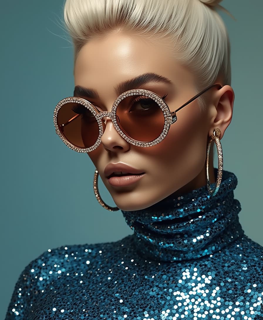 This image is a closeup portrait of a person with a highly stylized and fashionable appearance. The subject is wearing a highneck garment covered in a multitude of small, reflective blue sequins, which gives the fabric a shimmering texture. The sequins are densely packed, and the light reflects off them in a way that creates a dazzling effect.The person is also wearing large, round sunglasses with a frame that sparkles with what appears to be crystals or rhinestones, which are set in a gold or rose gold metal. The lenses of the sunglasses are tinted a deep gold, which matches the sequins on the garment and the earrings.The earrings are hoop earrings with a metallic finish, likely gold or silver, and they are large enough to be noticeable. They complement the overall opulence of the outfit and accessories.The hair of the subject is styled in a high, sculpted bun on the top of the head, with strands carefully arranged to give the appearance of a voluminous, sculpted hairstyle. The hair color is a platinum blonde, which is a stark contrast to the warm tones of the outfit and accessories.The art style of the image is highly stylized and glamorous, with a focus on fashion and luxury. The lighting is dramatic and highlights the textures and colors of the subjects clothing and accessories, giving the image a polished and professional look.The medium of the image is likely digital photography, given the high quality and sharpness of the details, as well as the even lighting and color saturation. The image has a high resolution and appears to be professionally retouched, with attention to detail in the skin texture, hair, and clothing.Overall, the image exudes a sense of luxury, fashion, and glamour, with a focus on the subjects accessories and hairstyle, set against a nondescript background that ensures all attention is on the subjects appearance.