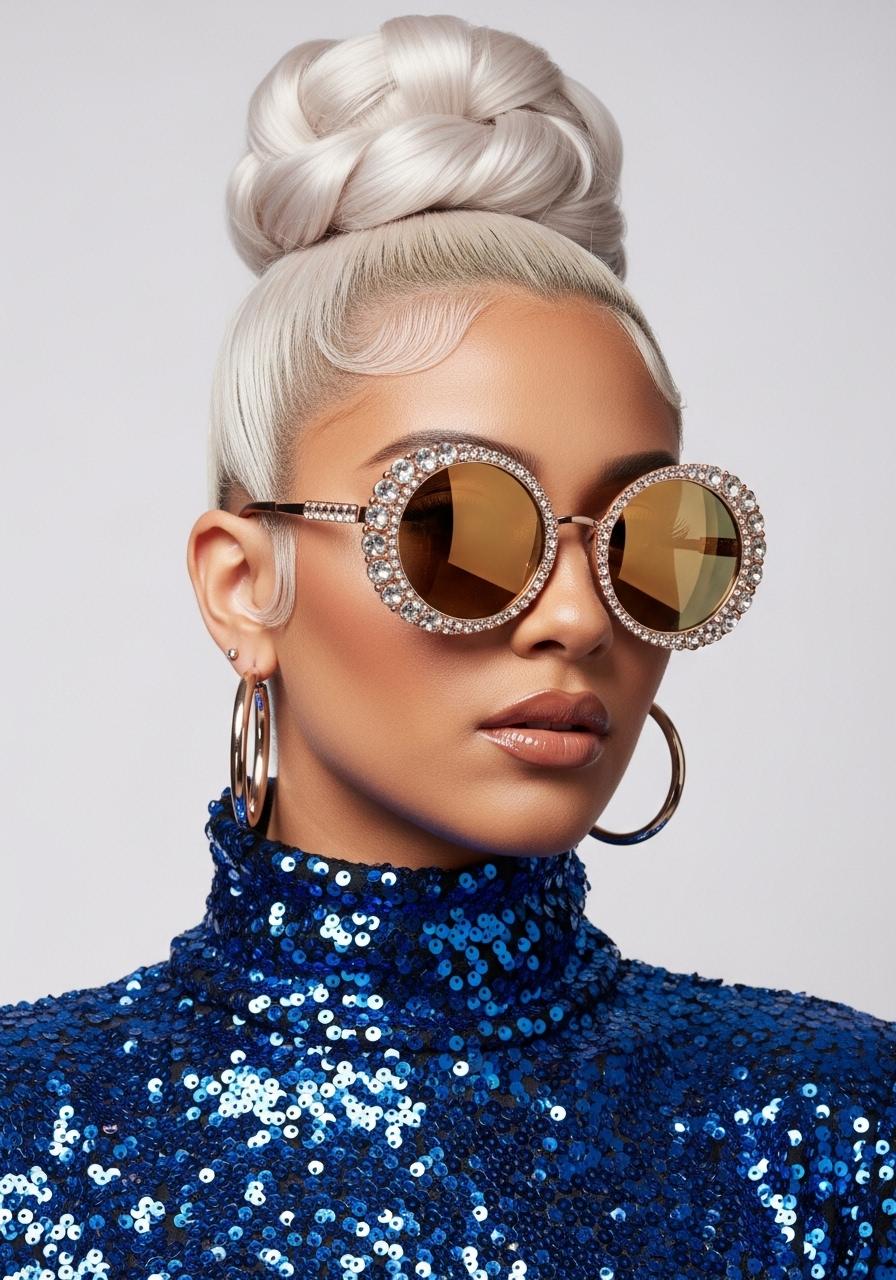 This image is a closeup portrait of a person with a highly stylized and fashionable appearance. The subject is wearing a highneck garment covered in a multitude of small, reflective blue sequins, which gives the fabric a shimmering texture. The sequins are densely packed, and the light reflects off them in a way that creates a dazzling effect.The person is also wearing large, round sunglasses with a frame that sparkles with what appears to be crystals or rhinestones, which are set in a gold or rose gold metal. The lenses of the sunglasses are tinted a deep gold, which matches the sequins on the garment and the earrings.The earrings are hoop earrings with a metallic finish, likely gold or silver, and they are large enough to be noticeable. They complement the overall opulence of the outfit and accessories.The hair of the subject is styled in a high, sculpted bun on the top of the head, with strands carefully arranged to give the appearance of a voluminous, sculpted hairstyle. The hair color is a platinum blonde, which is a stark contrast to the warm tones of the outfit and accessories.The art style of the image is highly stylized and glamorous, with a focus on fashion and luxury. The lighting is dramatic and highlights the textures and colors of the subjects clothing and accessories, giving the image a polished and professional look.The medium of the image is likely digital photography, given the high quality and sharpness of the details, as well as the even lighting and color saturation. The image has a high resolution and appears to be professionally retouched, with attention to detail in the skin texture, hair, and clothing.Overall, the image exudes a sense of luxury, fashion, and glamour, with a focus on the subjects accessories and hairstyle, set against a nondescript background that ensures all attention is on the subjects appearance.