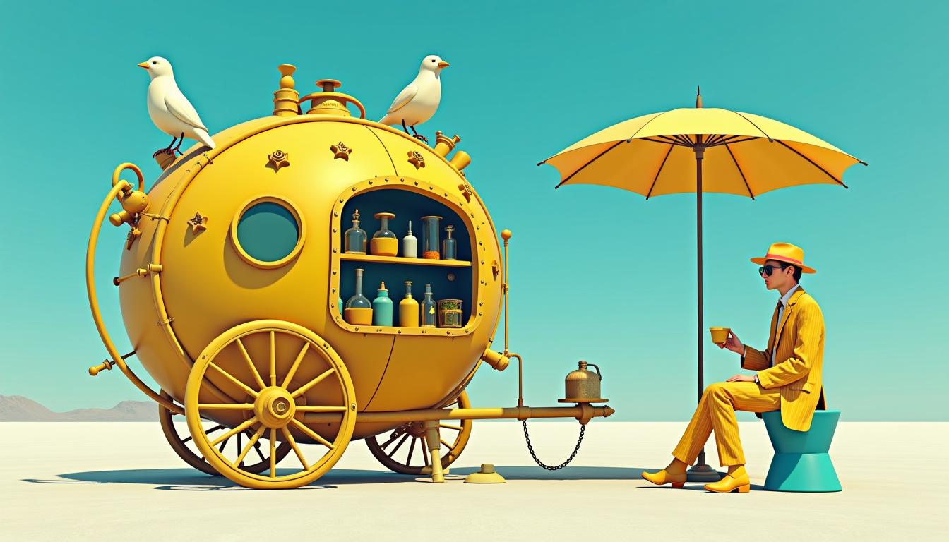 This image is a digital artwork that exudes a whimsical and fantastical vibe. The art style is reminiscent of surrealism, with a touch of steampunk, as evidenced by the mechanical and vintage elements combined with fantastical elements. The medium appears to be 3D rendering, given the smooth surfaces and the way light interacts with the objects.The colors in the image are bright and bold, with a predominance of yellows and blues. The yellow hue is warm and sunny, while the blue is cool and tranquil. This contrast creates a dynamic and eyecatching composition. The objects in the image are as follows1. A yellow, spherical cart with a vintage design, reminiscent of a gypsy wagon. It has a large, spoked wheel and is adorned with various mechanical parts, such as gears, levers, and pipes. The cart has a window on the side, revealing shelves filled with jars and bottles, possibly containing potions or other magical items.2. A bird perched on top of the cart, adding to the fantastical feel of the scene.3. A parasol attached to the cart, providing shade and a touch of elegance.4. A figure dressed in a yellow pinstripe suit, complete with a matching hat, sunglasses, and boots. The figure is seated on a small, blue stool, holding a cup in one hand and a cane in the other. The figures pose is relaxed and contemplative, as if taking a moment to enjoy the view or perhaps waiting for a customer.5. The background is a vast, flat landscape under a clear blue sky, suggesting a desert or salt flat. The horizon is faintly visible, giving the impression of an endless expanse.Overall, the image is a playful and imaginative depiction of a fantastical world where the ordinary blends seamlessly with the magical. The use of color, lighting, and composition creates a mood of whimsy and wonder, inviting the viewer to step into this vibrant and surreal world.