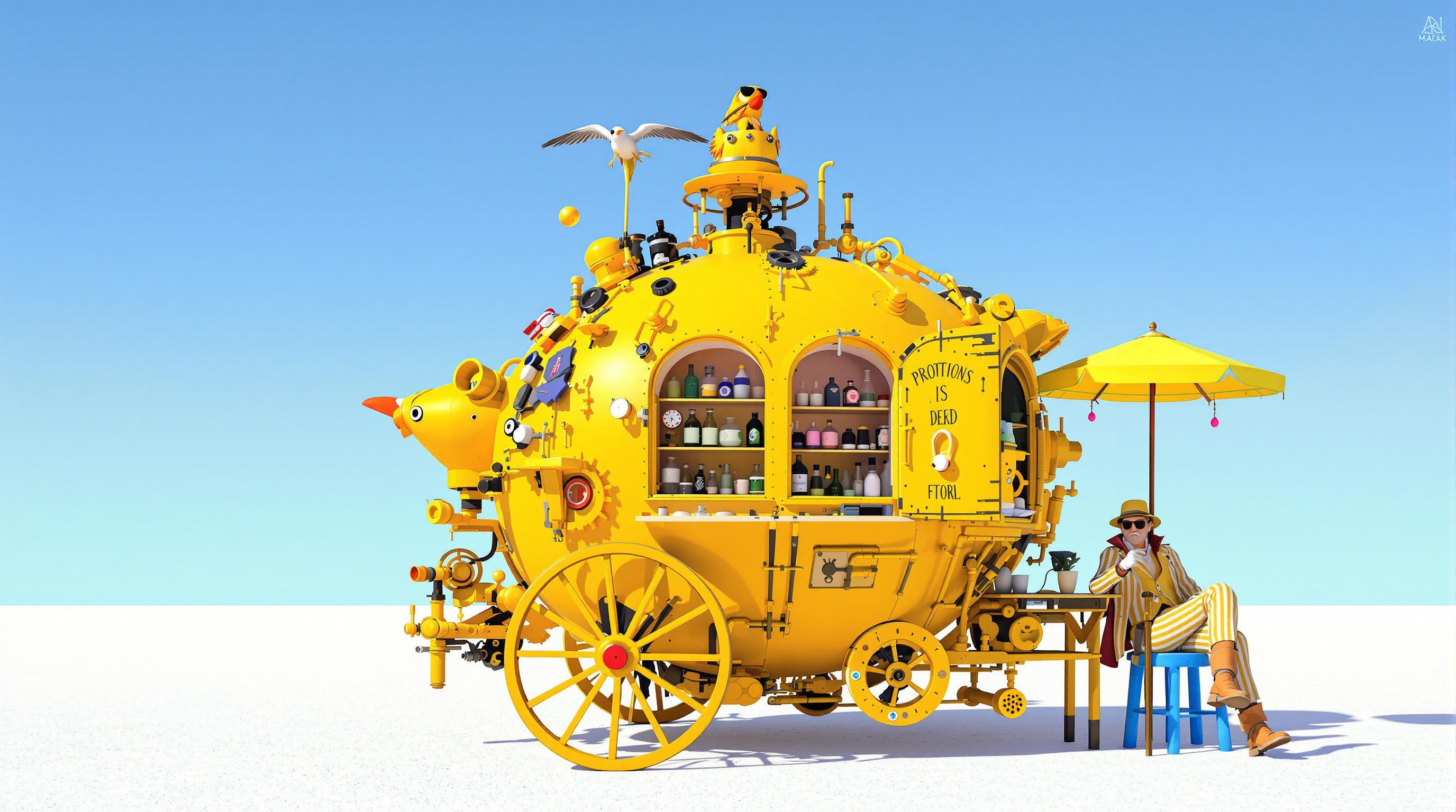 This image is a digital artwork that exudes a whimsical and fantastical vibe. The art style is reminiscent of surrealism, with a touch of steampunk, as evidenced by the mechanical and vintage elements combined with fantastical elements. The medium appears to be 3D rendering, given the smooth surfaces and the way light interacts with the objects.The colors in the image are bright and bold, with a predominance of yellows and blues. The yellow hue is warm and sunny, while the blue is cool and tranquil. This contrast creates a dynamic and eyecatching composition. The objects in the image are as follows1. A yellow, spherical cart with a vintage design, reminiscent of a gypsy wagon. It has a large, spoked wheel and is adorned with various mechanical parts, such as gears, levers, and pipes. The cart has a window on the side, revealing shelves filled with jars and bottles, possibly containing potions or other magical items.2. A bird perched on top of the cart, adding to the fantastical feel of the scene.3. A parasol attached to the cart, providing shade and a touch of elegance.4. A figure dressed in a yellow pinstripe suit, complete with a matching hat, sunglasses, and boots. The figure is seated on a small, blue stool, holding a cup in one hand and a cane in the other. The figures pose is relaxed and contemplative, as if taking a moment to enjoy the view or perhaps waiting for a customer.5. The background is a vast, flat landscape under a clear blue sky, suggesting a desert or salt flat. The horizon is faintly visible, giving the impression of an endless expanse.Overall, the image is a playful and imaginative depiction of a fantastical world where the ordinary blends seamlessly with the magical. The use of color, lighting, and composition creates a mood of whimsy and wonder, inviting the viewer to step into this vibrant and surreal world.
