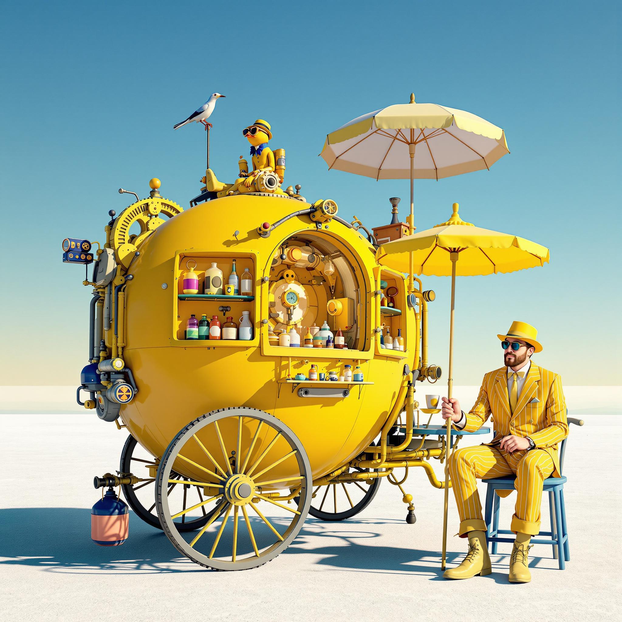 This image is a digital artwork that exudes a whimsical and fantastical vibe. The art style is reminiscent of surrealism, with a touch of steampunk, as evidenced by the mechanical and vintage elements combined with fantastical elements. The medium appears to be 3D rendering, given the smooth surfaces and the way light interacts with the objects.The colors in the image are bright and bold, with a predominance of yellows and blues. The yellow hue is warm and sunny, while the blue is cool and tranquil. This contrast creates a dynamic and eyecatching composition. The objects in the image are as follows1. A yellow, spherical cart with a vintage design, reminiscent of a gypsy wagon. It has a large, spoked wheel and is adorned with various mechanical parts, such as gears, levers, and pipes. The cart has a window on the side, revealing shelves filled with jars and bottles, possibly containing potions or other magical items.2. A bird perched on top of the cart, adding to the fantastical feel of the scene.3. A parasol attached to the cart, providing shade and a touch of elegance.4. A figure dressed in a yellow pinstripe suit, complete with a matching hat, sunglasses, and boots. The figure is seated on a small, blue stool, holding a cup in one hand and a cane in the other. The figures pose is relaxed and contemplative, as if taking a moment to enjoy the view or perhaps waiting for a customer.5. The background is a vast, flat landscape under a clear blue sky, suggesting a desert or salt flat. The horizon is faintly visible, giving the impression of an endless expanse.Overall, the image is a playful and imaginative depiction of a fantastical world where the ordinary blends seamlessly with the magical. The use of color, lighting, and composition creates a mood of whimsy and wonder, inviting the viewer to step into this vibrant and surreal world.