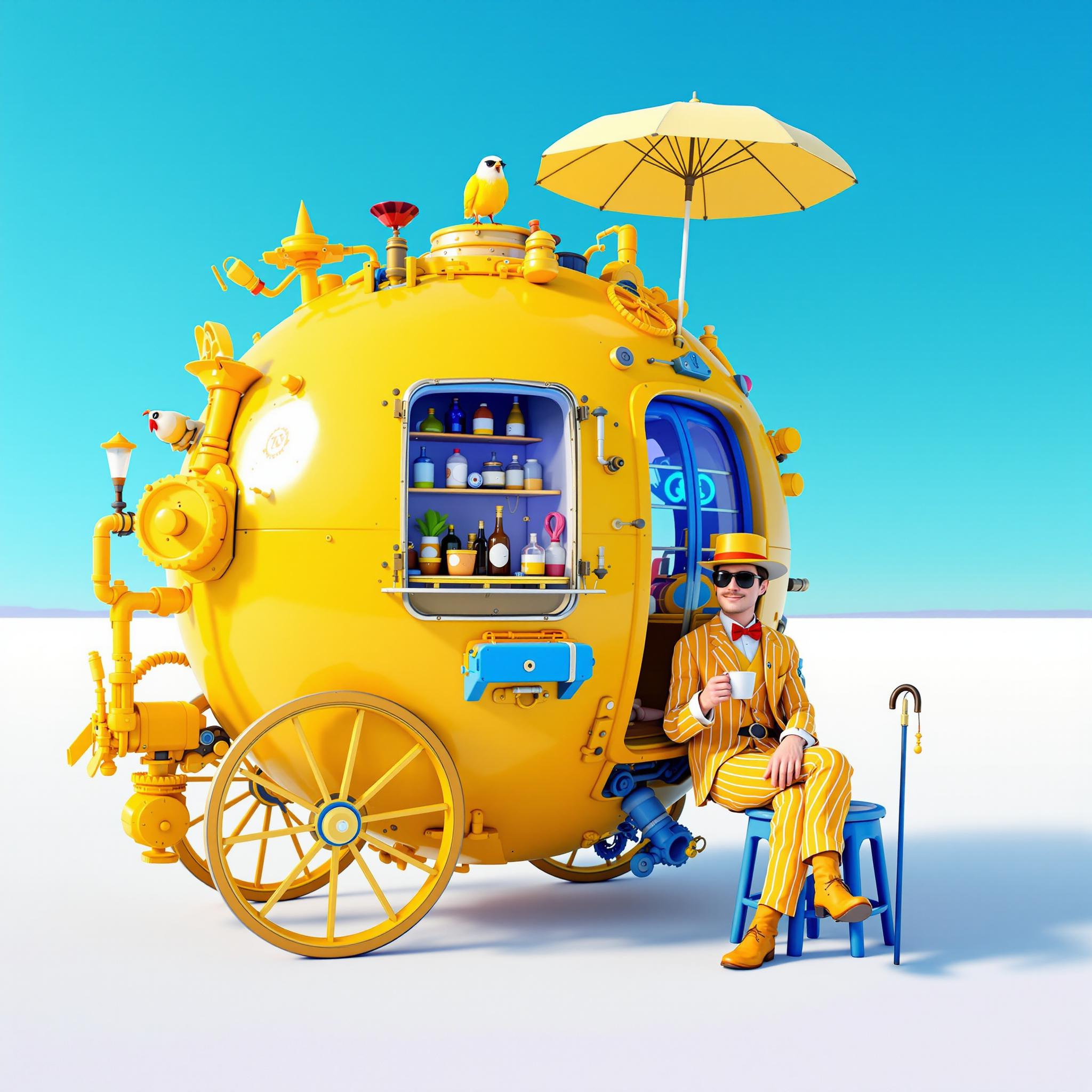 This image is a digital artwork that exudes a whimsical and fantastical vibe. The art style is reminiscent of surrealism, with a touch of steampunk, as evidenced by the mechanical and vintage elements combined with fantastical elements. The medium appears to be 3D rendering, given the smooth surfaces and the way light interacts with the objects.The colors in the image are bright and bold, with a predominance of yellows and blues. The yellow hue is warm and sunny, while the blue is cool and tranquil. This contrast creates a dynamic and eyecatching composition. The objects in the image are as follows1. A yellow, spherical cart with a vintage design, reminiscent of a gypsy wagon. It has a large, spoked wheel and is adorned with various mechanical parts, such as gears, levers, and pipes. The cart has a window on the side, revealing shelves filled with jars and bottles, possibly containing potions or other magical items.2. A bird perched on top of the cart, adding to the fantastical feel of the scene.3. A parasol attached to the cart, providing shade and a touch of elegance.4. A figure dressed in a yellow pinstripe suit, complete with a matching hat, sunglasses, and boots. The figure is seated on a small, blue stool, holding a cup in one hand and a cane in the other. The figures pose is relaxed and contemplative, as if taking a moment to enjoy the view or perhaps waiting for a customer.5. The background is a vast, flat landscape under a clear blue sky, suggesting a desert or salt flat. The horizon is faintly visible, giving the impression of an endless expanse.Overall, the image is a playful and imaginative depiction of a fantastical world where the ordinary blends seamlessly with the magical. The use of color, lighting, and composition creates a mood of whimsy and wonder, inviting the viewer to step into this vibrant and surreal world.