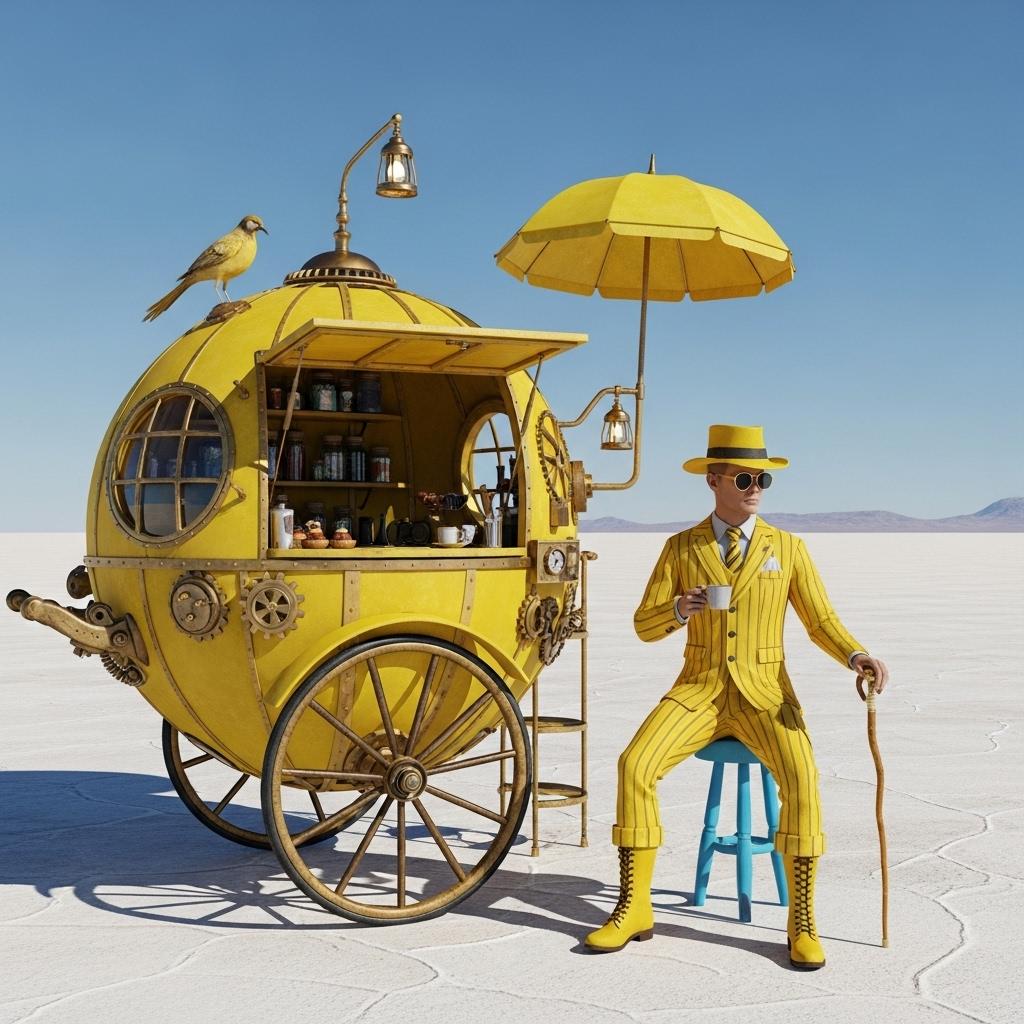 This image is a digital artwork that exudes a whimsical and fantastical vibe. The art style is reminiscent of surrealism, with a touch of steampunk, as evidenced by the mechanical and vintage elements combined with fantastical elements. The medium appears to be 3D rendering, given the smooth surfaces and the way light interacts with the objects.The colors in the image are bright and bold, with a predominance of yellows and blues. The yellow hue is warm and sunny, while the blue is cool and tranquil. This contrast creates a dynamic and eyecatching composition. The objects in the image are as follows1. A yellow, spherical cart with a vintage design, reminiscent of a gypsy wagon. It has a large, spoked wheel and is adorned with various mechanical parts, such as gears, levers, and pipes. The cart has a window on the side, revealing shelves filled with jars and bottles, possibly containing potions or other magical items.2. A bird perched on top of the cart, adding to the fantastical feel of the scene.3. A parasol attached to the cart, providing shade and a touch of elegance.4. A figure dressed in a yellow pinstripe suit, complete with a matching hat, sunglasses, and boots. The figure is seated on a small, blue stool, holding a cup in one hand and a cane in the other. The figures pose is relaxed and contemplative, as if taking a moment to enjoy the view or perhaps waiting for a customer.5. The background is a vast, flat landscape under a clear blue sky, suggesting a desert or salt flat. The horizon is faintly visible, giving the impression of an endless expanse.Overall, the image is a playful and imaginative depiction of a fantastical world where the ordinary blends seamlessly with the magical. The use of color, lighting, and composition creates a mood of whimsy and wonder, inviting the viewer to step into this vibrant and surreal world.