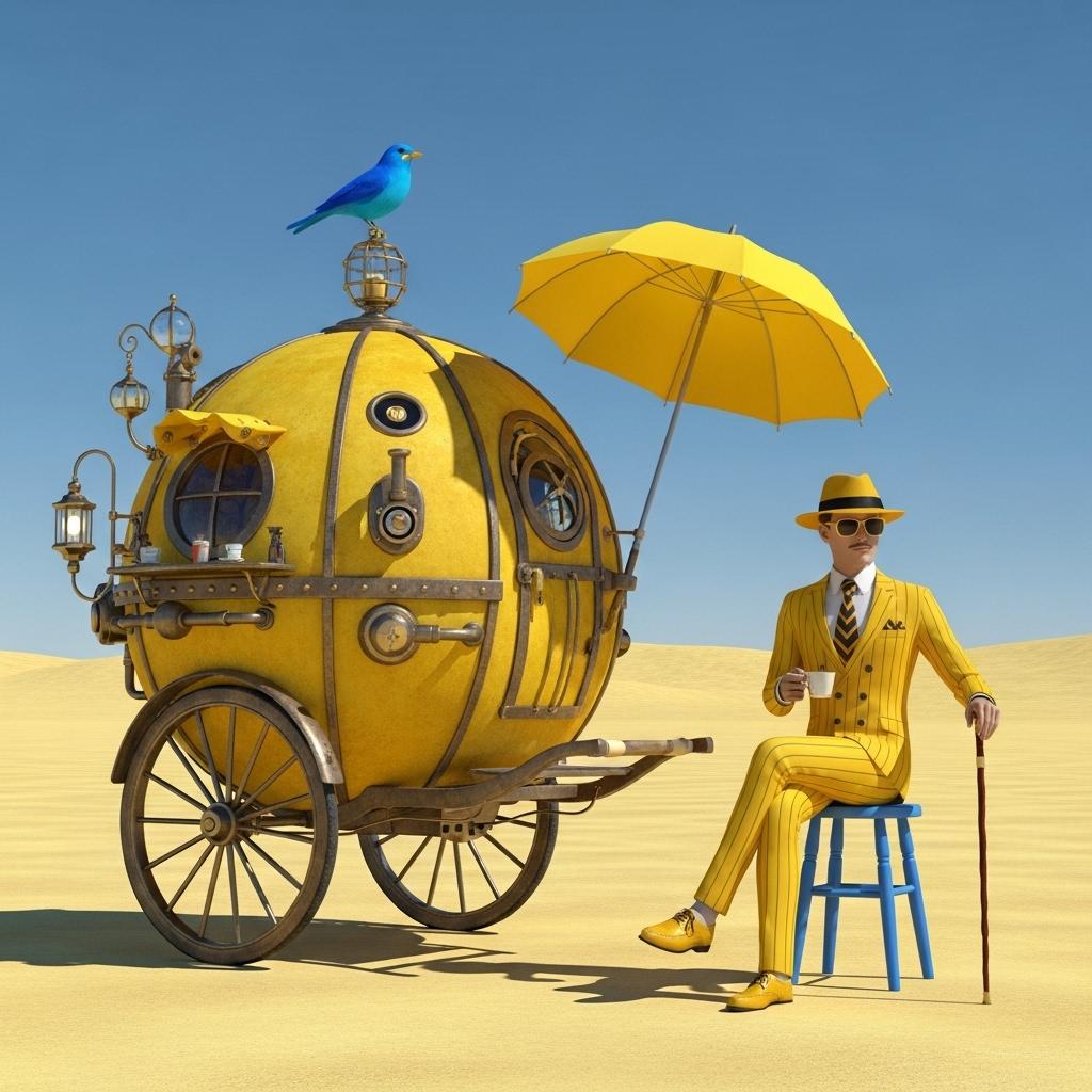 This image is a digital artwork that exudes a whimsical and fantastical vibe. The art style is reminiscent of surrealism, with a touch of steampunk, as evidenced by the mechanical and vintage elements combined with fantastical elements. The medium appears to be 3D rendering, given the smooth surfaces and the way light interacts with the objects.The colors in the image are bright and bold, with a predominance of yellows and blues. The yellow hue is warm and sunny, while the blue is cool and tranquil. This contrast creates a dynamic and eyecatching composition. The objects in the image are as follows1. A yellow, spherical cart with a vintage design, reminiscent of a gypsy wagon. It has a large, spoked wheel and is adorned with various mechanical parts, such as gears, levers, and pipes. The cart has a window on the side, revealing shelves filled with jars and bottles, possibly containing potions or other magical items.2. A bird perched on top of the cart, adding to the fantastical feel of the scene.3. A parasol attached to the cart, providing shade and a touch of elegance.4. A figure dressed in a yellow pinstripe suit, complete with a matching hat, sunglasses, and boots. The figure is seated on a small, blue stool, holding a cup in one hand and a cane in the other. The figures pose is relaxed and contemplative, as if taking a moment to enjoy the view or perhaps waiting for a customer.5. The background is a vast, flat landscape under a clear blue sky, suggesting a desert or salt flat. The horizon is faintly visible, giving the impression of an endless expanse.Overall, the image is a playful and imaginative depiction of a fantastical world where the ordinary blends seamlessly with the magical. The use of color, lighting, and composition creates a mood of whimsy and wonder, inviting the viewer to step into this vibrant and surreal world.
