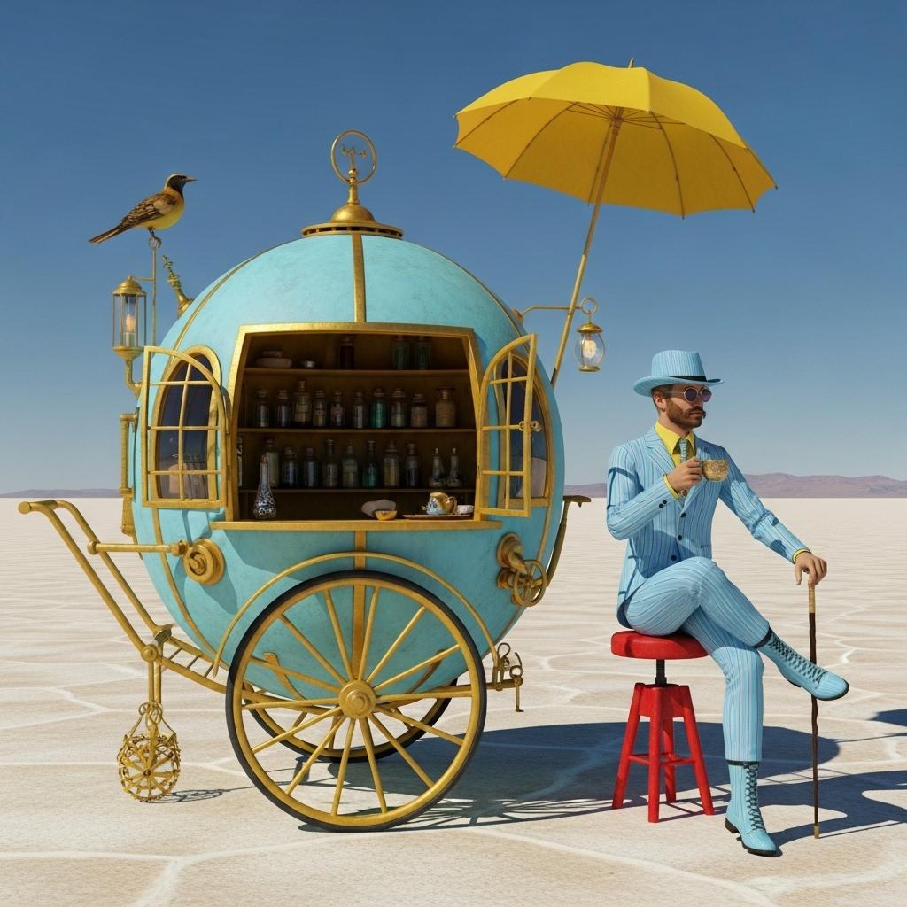This image is a digital artwork that exudes a whimsical and fantastical vibe. The art style is reminiscent of surrealism, with a touch of steampunk, as evidenced by the mechanical and vintage elements combined with fantastical elements. The medium appears to be 3D rendering, given the smooth surfaces and the way light interacts with the objects.The colors in the image are bright and bold, with a predominance of yellows and blues. The yellow hue is warm and sunny, while the blue is cool and tranquil. This contrast creates a dynamic and eyecatching composition. The objects in the image are as follows1. A light blue spherical cart with a vintage design, reminiscent of a gypsy wagon. It has a large, spoked wheel and is adorned with various mechanical parts, such as gears, levers, and pipes. The cart has a window on the side, revealing shelves filled with jars and bottles, possibly containing potions or other magical items.2. A bird perched on top of the cart, adding to the fantastical feel of the scene.3. A parasol attached to the cart, providing shade and a touch of elegance.4. A figure dressed in a light blue pinstripe suit, complete with a matching hat, sunglasses, and boots. The figure is seated on a small, red stool, holding a cup in one hand and a cane in the other. The figures pose is relaxed and contemplative, as if taking a moment to enjoy the view or perhaps waiting for a customer.5. The background is a vast, flat landscape under a clear blue sky, suggesting a desert or salt flat. The horizon is faintly visible, giving the impression of an endless expanse.Overall, the image is a playful and imaginative depiction of a fantastical world where the ordinary blends seamlessly with the magical. The use of color, lighting, and composition creates a mood of whimsy and wonder, inviting the viewer to step into this vibrant and surreal world.