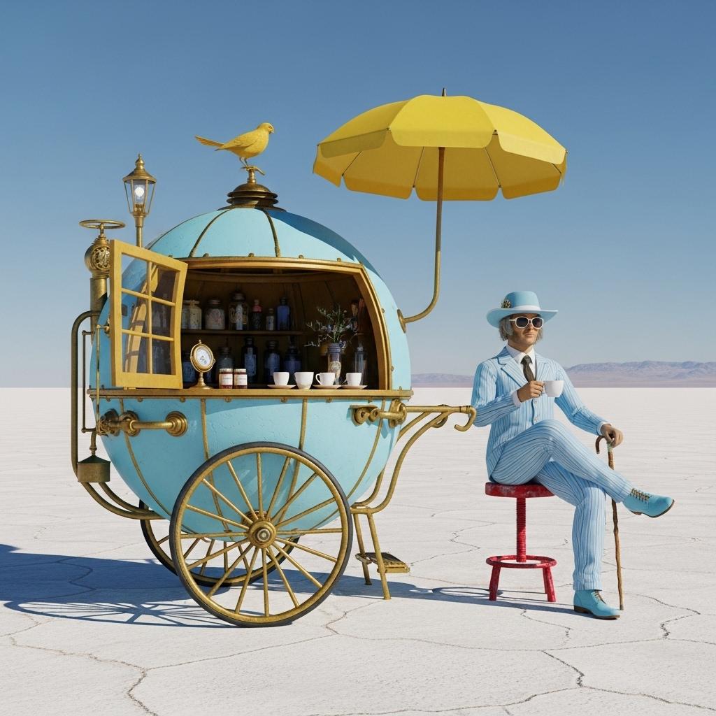 This image is a digital artwork that exudes a whimsical and fantastical vibe. The art style is reminiscent of surrealism, with a touch of steampunk, as evidenced by the mechanical and vintage elements combined with fantastical elements. The medium appears to be 3D rendering, given the smooth surfaces and the way light interacts with the objects.The colors in the image are bright and bold, with a predominance of yellows and blues. The yellow hue is warm and sunny, while the blue is cool and tranquil. This contrast creates a dynamic and eyecatching composition. The objects in the image are as follows1. A light blue spherical cart with a vintage design, reminiscent of a gypsy wagon. It has a large, spoked wheel and is adorned with various mechanical parts, such as gears, levers, and pipes. The cart has a window on the side, revealing shelves filled with jars and bottles, possibly containing potions or other magical items.2. A bird perched on top of the cart, adding to the fantastical feel of the scene.3. A parasol attached to the cart, providing shade and a touch of elegance.4. A figure dressed in a light blue pinstripe suit, complete with a matching hat, sunglasses, and boots. The figure is seated on a small, red stool, holding a cup in one hand and a cane in the other. The figures pose is relaxed and contemplative, as if taking a moment to enjoy the view or perhaps waiting for a customer.5. The background is a vast, flat landscape under a clear blue sky, suggesting a desert or salt flat. The horizon is faintly visible, giving the impression of an endless expanse.Overall, the image is a playful and imaginative depiction of a fantastical world where the ordinary blends seamlessly with the magical. The use of color, lighting, and composition creates a mood of whimsy and wonder, inviting the viewer to step into this vibrant and surreal world.