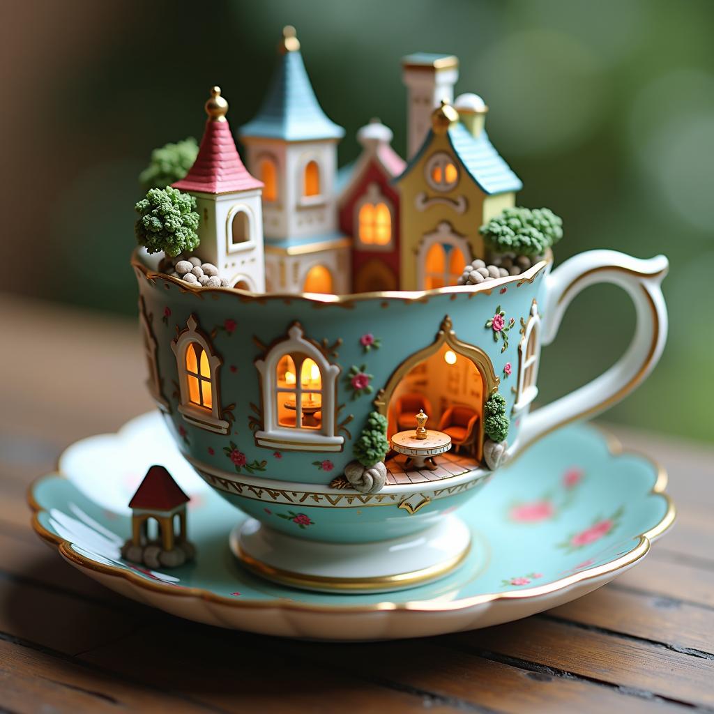 This image is a captivating and intricate miniature diorama that is artistically crafted to resemble a charming, fairytalelike scene. The medium appears to be a ceramic or porcelain teacup and saucer, which have been expertly transformed into a threedimensional canvas for this whimsical creation.The teacup itself is adorned with a detailed and ornate exterior, featuring a richly textured surface that is reminiscent of a classical European cityscape. The cups exterior is painted in a palette of soft pastels, predominantly in shades of blue and white, with touches of gold and hints of other colors that suggest the presence of buildings, foliage, and architectural details. The cups handle is gracefully curved, and the rim is decorated with a floral motif that complements the overall design.The interior of the cup reveals a cozy, warmly lit miniature room with a charming, inviting atmosphere. The walls are adorned with a variety of windows, each with its own unique design and curtains, and the room is furnished with a small, round table and two matching chairs, suggesting a space for intimate gatherings or quiet contemplation. The floor is tiled in a checkerboard pattern, adding to the rooms charm and coziness.The saucer beneath the cup is equally detailed and complements the cups design. It features a similar pastel color palette and is embellished with a floral pattern that echoes the cups rim. The saucer also contains a miniature garden with lush greenery, a small fountain with a red roof, and a charming gazebo with a blue roof and a single lantern, all contributing to the overall enchanting and idyllic setting.The objects in the image are meticulously crafted to create a sense of depth and realism. The miniature furniture, plants, and architectural details are all carefully arranged to create a harmonious and inviting scene. The warm lighting within the cup casts a soft glow on the objects, enhancing their textures and colors and contributing to the overall magical and dreamlike quality of the image.Overall, the art style of this image is reminiscent of traditional miniature dioramas, with a touch of fantasy and whimsy. The use of pastel colors and intricate details creates a sense of delicate beauty and nostalgia, inviting the viewer to step into a world that is both charming and enchanting.