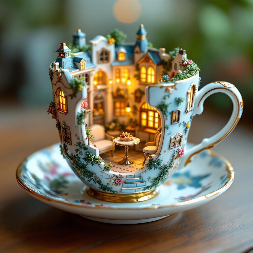 This image is a captivating and intricate miniature diorama that is artistically crafted to resemble a charming, fairytalelike scene. The medium appears to be a ceramic or porcelain teacup and saucer, which have been expertly transformed into a threedimensional canvas for this whimsical creation.The teacup itself is adorned with a detailed and ornate exterior, featuring a richly textured surface that is reminiscent of a classical European cityscape. The cups exterior is painted in a palette of soft pastels, predominantly in shades of blue and white, with touches of gold and hints of other colors that suggest the presence of buildings, foliage, and architectural details. The cups handle is gracefully curved, and the rim is decorated with a floral motif that complements the overall design.The interior of the cup reveals a cozy, warmly lit miniature room with a charming, inviting atmosphere. The walls are adorned with a variety of windows, each with its own unique design and curtains, and the room is furnished with a small, round table and two matching chairs, suggesting a space for intimate gatherings or quiet contemplation. The floor is tiled in a checkerboard pattern, adding to the rooms charm and coziness.The saucer beneath the cup is equally detailed and complements the cups design. It features a similar pastel color palette and is embellished with a floral pattern that echoes the cups rim. The saucer also contains a miniature garden with lush greenery, a small fountain with a red roof, and a charming gazebo with a blue roof and a single lantern, all contributing to the overall enchanting and idyllic setting.The objects in the image are meticulously crafted to create a sense of depth and realism. The miniature furniture, plants, and architectural details are all carefully arranged to create a harmonious and inviting scene. The warm lighting within the cup casts a soft glow on the objects, enhancing their textures and colors and contributing to the overall magical and dreamlike quality of the image.Overall, the art style of this image is reminiscent of traditional miniature dioramas, with a touch of fantasy and whimsy. The use of pastel colors and intricate details creates a sense of delicate beauty and nostalgia, inviting the viewer to step into a world that is both charming and enchanting.