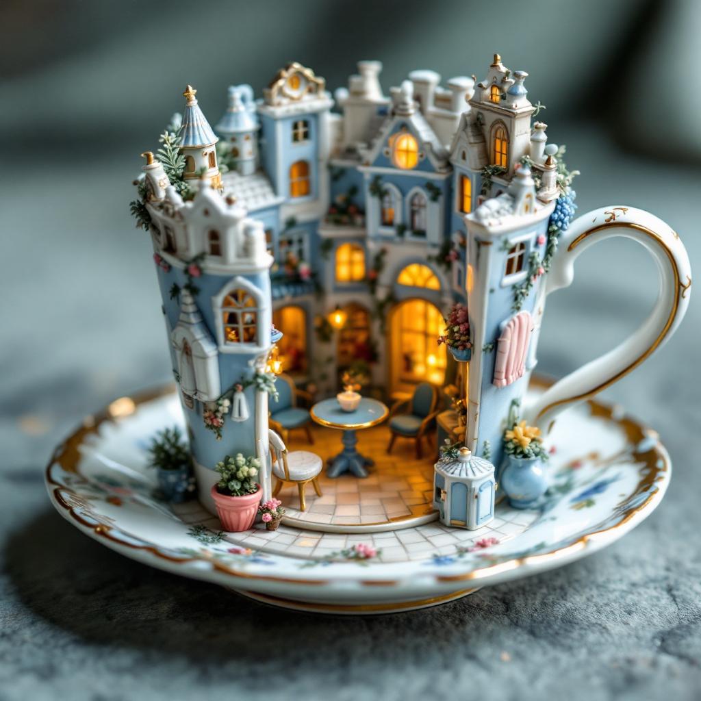 This image is a captivating and intricate miniature diorama that is artistically crafted to resemble a charming, fairytalelike scene. The medium appears to be a ceramic or porcelain teacup and saucer, which have been expertly transformed into a threedimensional canvas for this whimsical creation.The teacup itself is adorned with a detailed and ornate exterior, featuring a richly textured surface that is reminiscent of a classical European cityscape. The cups exterior is painted in a palette of soft pastels, predominantly in shades of blue and white, with touches of gold and hints of other colors that suggest the presence of buildings, foliage, and architectural details. The cups handle is gracefully curved, and the rim is decorated with a floral motif that complements the overall design.The interior of the cup reveals a cozy, warmly lit miniature room with a charming, inviting atmosphere. The walls are adorned with a variety of windows, each with its own unique design and curtains, and the room is furnished with a small, round table and two matching chairs, suggesting a space for intimate gatherings or quiet contemplation. The floor is tiled in a checkerboard pattern, adding to the rooms charm and coziness.The saucer beneath the cup is equally detailed and complements the cups design. It features a similar pastel color palette and is embellished with a floral pattern that echoes the cups rim. The saucer also contains a miniature garden with lush greenery, a small fountain with a red roof, and a charming gazebo with a blue roof and a single lantern, all contributing to the overall enchanting and idyllic setting.The objects in the image are meticulously crafted to create a sense of depth and realism. The miniature furniture, plants, and architectural details are all carefully arranged to create a harmonious and inviting scene. The warm lighting within the cup casts a soft glow on the objects, enhancing their textures and colors and contributing to the overall magical and dreamlike quality of the image.Overall, the art style of this image is reminiscent of traditional miniature dioramas, with a touch of fantasy and whimsy. The use of pastel colors and intricate details creates a sense of delicate beauty and nostalgia, inviting the viewer to step into a world that is both charming and enchanting.