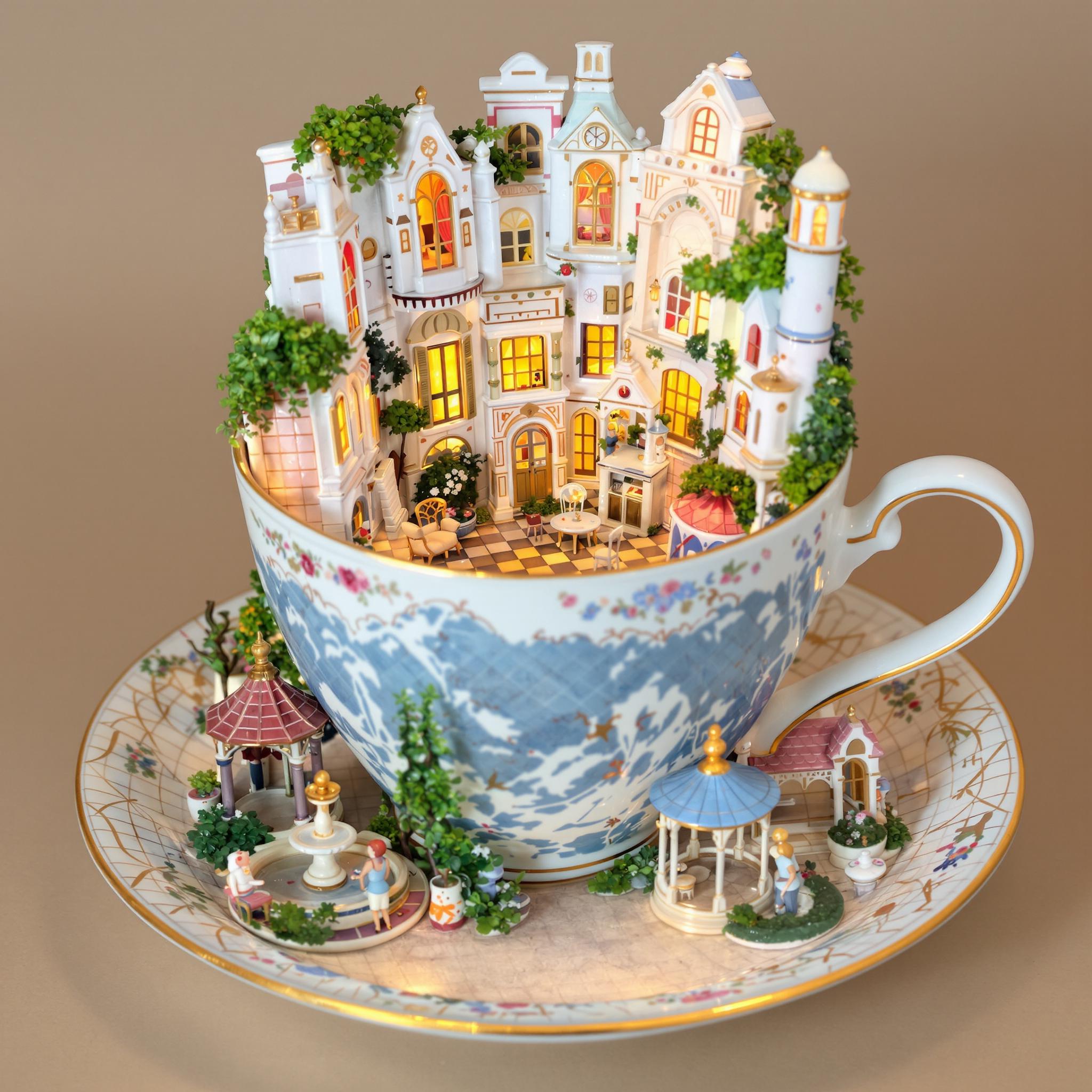 This image is a captivating and intricate miniature diorama that is artistically crafted to resemble a charming, fairytalelike scene. The medium appears to be a ceramic or porcelain teacup and saucer, which have been expertly transformed into a threedimensional canvas for this whimsical creation.The teacup itself is adorned with a detailed and ornate exterior, featuring a richly textured surface that is reminiscent of a classical European cityscape. The cups exterior is painted in a palette of soft pastels, predominantly in shades of blue and white, with touches of gold and hints of other colors that suggest the presence of buildings, foliage, and architectural details. The cups handle is gracefully curved, and the rim is decorated with a floral motif that complements the overall design.The interior of the cup reveals a cozy, warmly lit miniature room with a charming, inviting atmosphere. The walls are adorned with a variety of windows, each with its own unique design and curtains, and the room is furnished with a small, round table and two matching chairs, suggesting a space for intimate gatherings or quiet contemplation. The floor is tiled in a checkerboard pattern, adding to the rooms charm and coziness.The saucer beneath the cup is equally detailed and complements the cups design. It features a similar pastel color palette and is embellished with a floral pattern that echoes the cups rim. The saucer also contains a miniature garden with lush greenery, a small fountain with a red roof, and a charming gazebo with a blue roof and a single lantern, all contributing to the overall enchanting and idyllic setting.The objects in the image are meticulously crafted to create a sense of depth and realism. The miniature furniture, plants, and architectural details are all carefully arranged to create a harmonious and inviting scene. The warm lighting within the cup casts a soft glow on the objects, enhancing their textures and colors and contributing to the overall magical and dreamlike quality of the image.Overall, the art style of this image is reminiscent of traditional miniature dioramas, with a touch of fantasy and whimsy. The use of pastel colors and intricate details creates a sense of delicate beauty and nostalgia, inviting the viewer to step into a world that is both charming and enchanting.