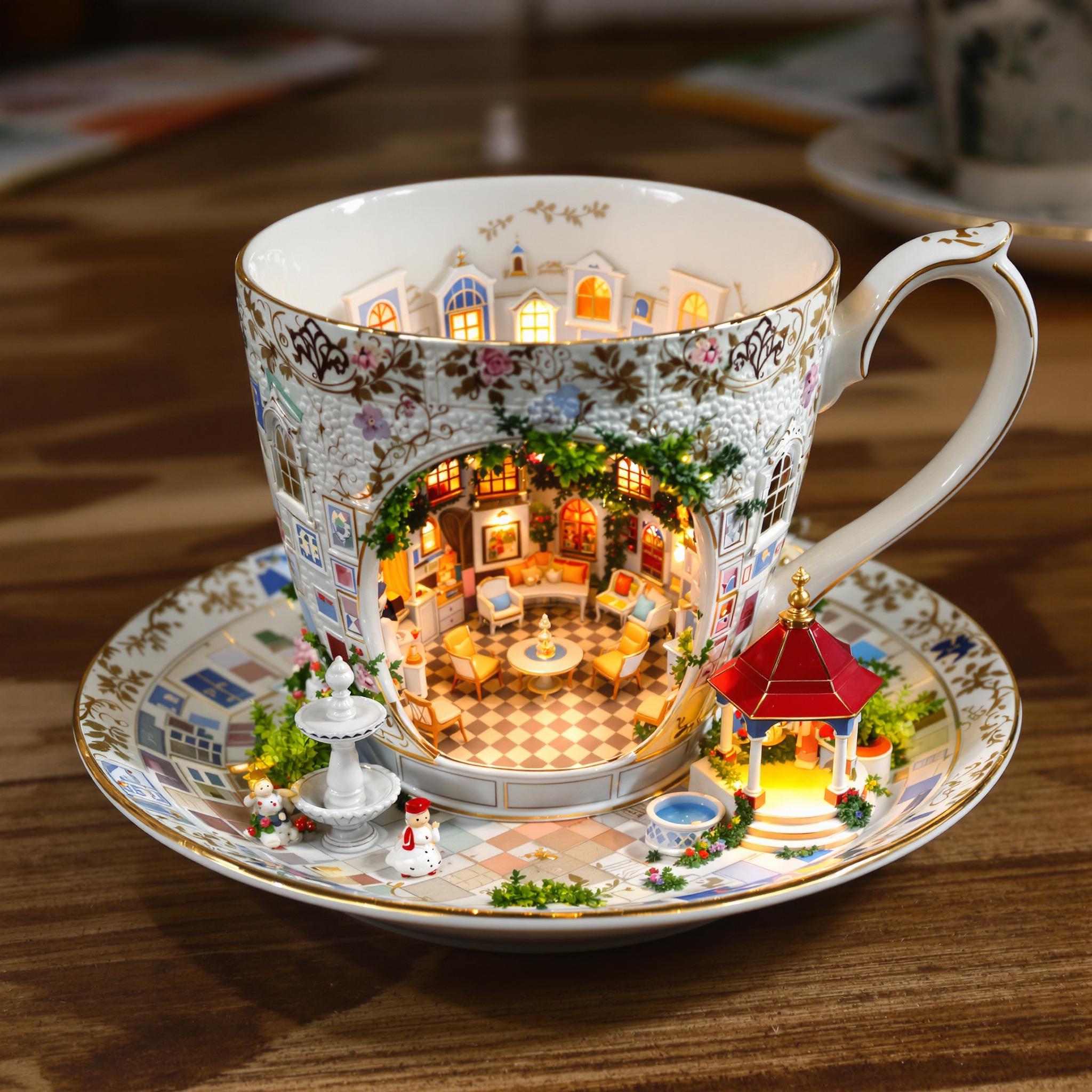 This image is a captivating and intricate miniature diorama that is artistically crafted to resemble a charming, fairytalelike scene. The medium appears to be a ceramic or porcelain teacup and saucer, which have been expertly transformed into a threedimensional canvas for this whimsical creation.The teacup itself is adorned with a detailed and ornate exterior, featuring a richly textured surface that is reminiscent of a classical European cityscape. The cups exterior is painted in a palette of soft pastels, predominantly in shades of blue and white, with touches of gold and hints of other colors that suggest the presence of buildings, foliage, and architectural details. The cups handle is gracefully curved, and the rim is decorated with a floral motif that complements the overall design.The interior of the cup reveals a cozy, warmly lit miniature room with a charming, inviting atmosphere. The walls are adorned with a variety of windows, each with its own unique design and curtains, and the room is furnished with a small, round table and two matching chairs, suggesting a space for intimate gatherings or quiet contemplation. The floor is tiled in a checkerboard pattern, adding to the rooms charm and coziness.The saucer beneath the cup is equally detailed and complements the cups design. It features a similar pastel color palette and is embellished with a floral pattern that echoes the cups rim. The saucer also contains a miniature garden with lush greenery, a small fountain with a red roof, and a charming gazebo with a blue roof and a single lantern, all contributing to the overall enchanting and idyllic setting.The objects in the image are meticulously crafted to create a sense of depth and realism. The miniature furniture, plants, and architectural details are all carefully arranged to create a harmonious and inviting scene. The warm lighting within the cup casts a soft glow on the objects, enhancing their textures and colors and contributing to the overall magical and dreamlike quality of the image.Overall, the art style of this image is reminiscent of traditional miniature dioramas, with a touch of fantasy and whimsy. The use of pastel colors and intricate details creates a sense of delicate beauty and nostalgia, inviting the viewer to step into a world that is both charming and enchanting.