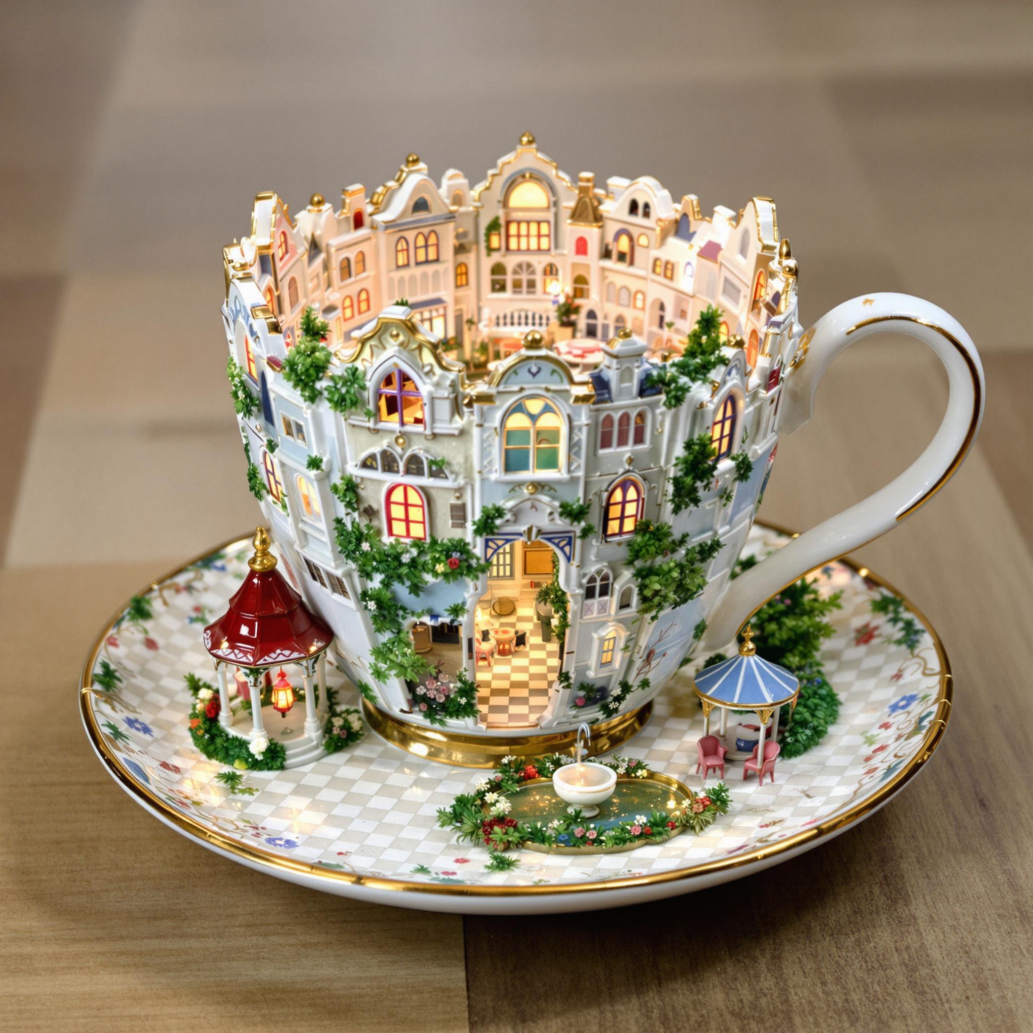 This image is a captivating and intricate miniature diorama that is artistically crafted to resemble a charming, fairytalelike scene. The medium appears to be a ceramic or porcelain teacup and saucer, which have been expertly transformed into a threedimensional canvas for this whimsical creation.The teacup itself is adorned with a detailed and ornate exterior, featuring a richly textured surface that is reminiscent of a classical European cityscape. The cups exterior is painted in a palette of soft pastels, predominantly in shades of blue and white, with touches of gold and hints of other colors that suggest the presence of buildings, foliage, and architectural details. The cups handle is gracefully curved, and the rim is decorated with a floral motif that complements the overall design.The interior of the cup reveals a cozy, warmly lit miniature room with a charming, inviting atmosphere. The walls are adorned with a variety of windows, each with its own unique design and curtains, and the room is furnished with a small, round table and two matching chairs, suggesting a space for intimate gatherings or quiet contemplation. The floor is tiled in a checkerboard pattern, adding to the rooms charm and coziness.The saucer beneath the cup is equally detailed and complements the cups design. It features a similar pastel color palette and is embellished with a floral pattern that echoes the cups rim. The saucer also contains a miniature garden with lush greenery, a small fountain with a red roof, and a charming gazebo with a blue roof and a single lantern, all contributing to the overall enchanting and idyllic setting.The objects in the image are meticulously crafted to create a sense of depth and realism. The miniature furniture, plants, and architectural details are all carefully arranged to create a harmonious and inviting scene. The warm lighting within the cup casts a soft glow on the objects, enhancing their textures and colors and contributing to the overall magical and dreamlike quality of the image.Overall, the art style of this image is reminiscent of traditional miniature dioramas, with a touch of fantasy and whimsy. The use of pastel colors and intricate details creates a sense of delicate beauty and nostalgia, inviting the viewer to step into a world that is both charming and enchanting.