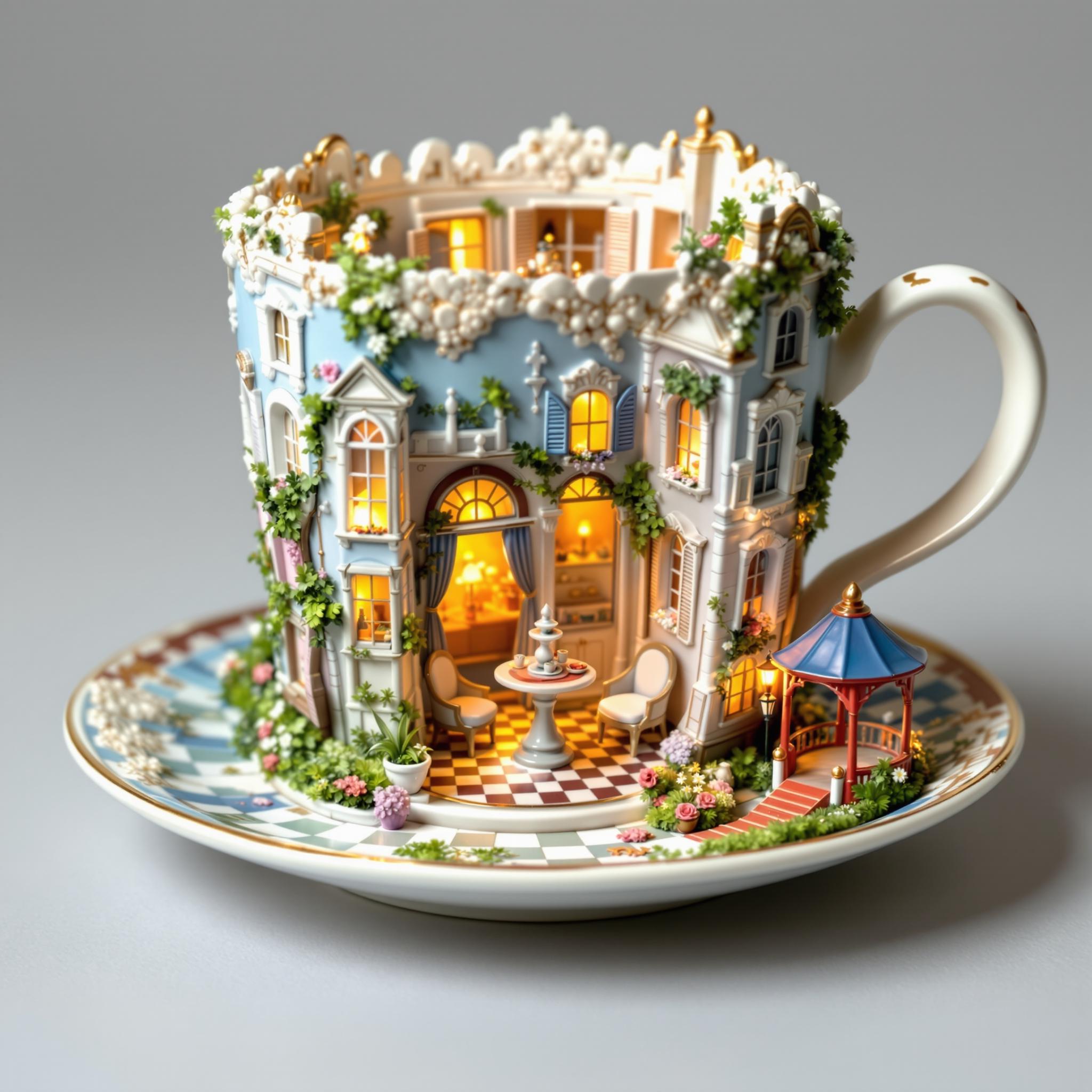 This image is a captivating and intricate miniature diorama that is artistically crafted to resemble a charming, fairytalelike scene. The medium appears to be a ceramic or porcelain teacup and saucer, which have been expertly transformed into a threedimensional canvas for this whimsical creation.The teacup itself is adorned with a detailed and ornate exterior, featuring a richly textured surface that is reminiscent of a classical European cityscape. The cups exterior is painted in a palette of soft pastels, predominantly in shades of blue and white, with touches of gold and hints of other colors that suggest the presence of buildings, foliage, and architectural details. The cups handle is gracefully curved, and the rim is decorated with a floral motif that complements the overall design.The interior of the cup reveals a cozy, warmly lit miniature room with a charming, inviting atmosphere. The walls are adorned with a variety of windows, each with its own unique design and curtains, and the room is furnished with a small, round table and two matching chairs, suggesting a space for intimate gatherings or quiet contemplation. The floor is tiled in a checkerboard pattern, adding to the rooms charm and coziness.The saucer beneath the cup is equally detailed and complements the cups design. It features a similar pastel color palette and is embellished with a floral pattern that echoes the cups rim. The saucer also contains a miniature garden with lush greenery, a small fountain with a red roof, and a charming gazebo with a blue roof and a single lantern, all contributing to the overall enchanting and idyllic setting.The objects in the image are meticulously crafted to create a sense of depth and realism. The miniature furniture, plants, and architectural details are all carefully arranged to create a harmonious and inviting scene. The warm lighting within the cup casts a soft glow on the objects, enhancing their textures and colors and contributing to the overall magical and dreamlike quality of the image.Overall, the art style of this image is reminiscent of traditional miniature dioramas, with a touch of fantasy and whimsy. The use of pastel colors and intricate details creates a sense of delicate beauty and nostalgia, inviting the viewer to step into a world that is both charming and enchanting.