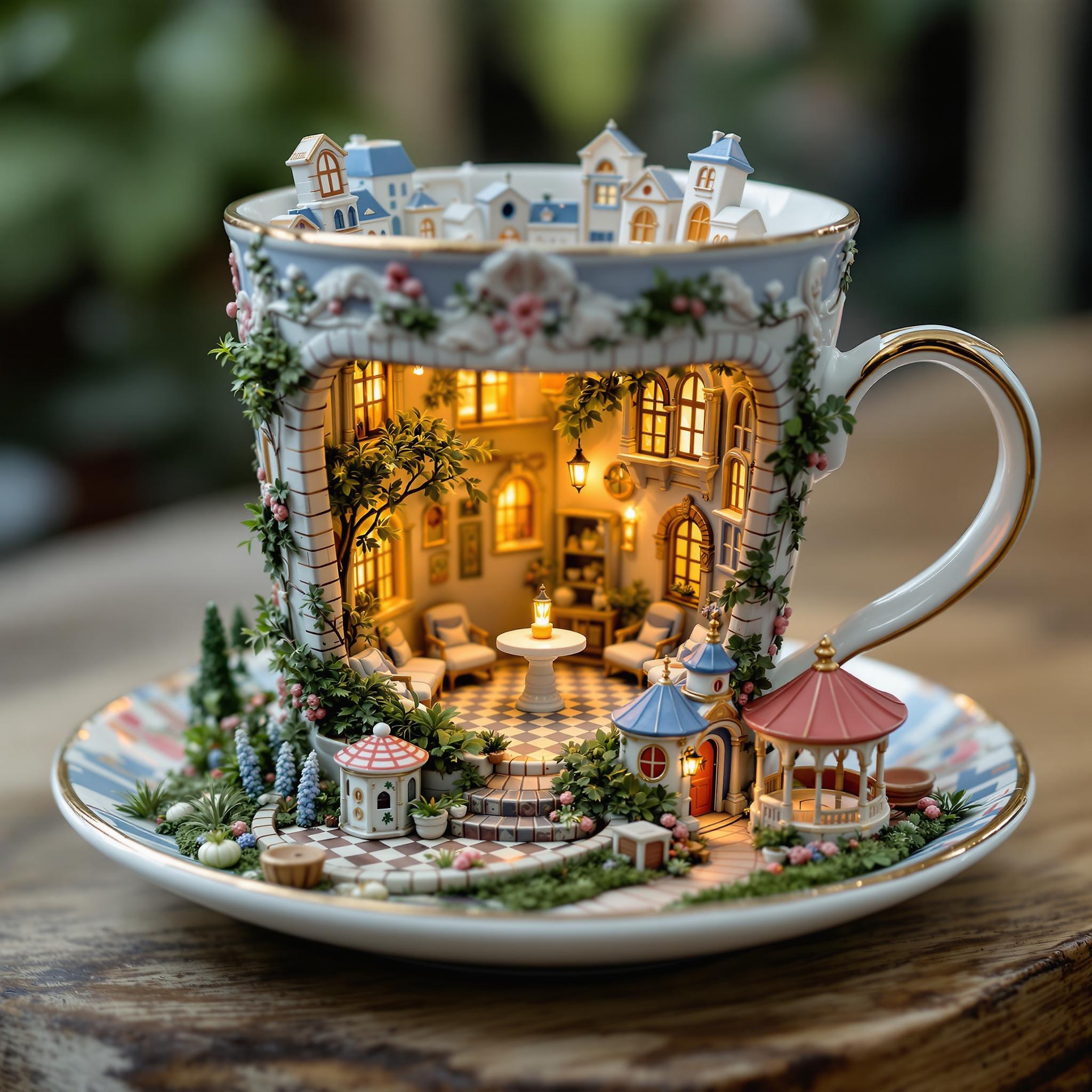 This image is a captivating and intricate miniature diorama that is artistically crafted to resemble a charming, fairytalelike scene. The medium appears to be a ceramic or porcelain teacup and saucer, which have been expertly transformed into a threedimensional canvas for this whimsical creation.The teacup itself is adorned with a detailed and ornate exterior, featuring a richly textured surface that is reminiscent of a classical European cityscape. The cups exterior is painted in a palette of soft pastels, predominantly in shades of blue and white, with touches of gold and hints of other colors that suggest the presence of buildings, foliage, and architectural details. The cups handle is gracefully curved, and the rim is decorated with a floral motif that complements the overall design.The interior of the cup reveals a cozy, warmly lit miniature room with a charming, inviting atmosphere. The walls are adorned with a variety of windows, each with its own unique design and curtains, and the room is furnished with a small, round table and two matching chairs, suggesting a space for intimate gatherings or quiet contemplation. The floor is tiled in a checkerboard pattern, adding to the rooms charm and coziness.The saucer beneath the cup is equally detailed and complements the cups design. It features a similar pastel color palette and is embellished with a floral pattern that echoes the cups rim. The saucer also contains a miniature garden with lush greenery, a small fountain with a red roof, and a charming gazebo with a blue roof and a single lantern, all contributing to the overall enchanting and idyllic setting.The objects in the image are meticulously crafted to create a sense of depth and realism. The miniature furniture, plants, and architectural details are all carefully arranged to create a harmonious and inviting scene. The warm lighting within the cup casts a soft glow on the objects, enhancing their textures and colors and contributing to the overall magical and dreamlike quality of the image.Overall, the art style of this image is reminiscent of traditional miniature dioramas, with a touch of fantasy and whimsy. The use of pastel colors and intricate details creates a sense of delicate beauty and nostalgia, inviting the viewer to step into a world that is both charming and enchanting.