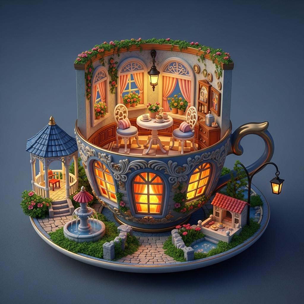 This image is a captivating and intricate miniature diorama that is artistically crafted to resemble a charming, fairytalelike scene. The medium appears to be a ceramic or porcelain teacup and saucer, which have been expertly transformed into a threedimensional canvas for this whimsical creation.The teacup itself is adorned with a detailed and ornate exterior, featuring a richly textured surface that is reminiscent of a classical European cityscape. The cups exterior is painted in a palette of soft pastels, predominantly in shades of blue and white, with touches of gold and hints of other colors that suggest the presence of buildings, foliage, and architectural details. The cups handle is gracefully curved, and the rim is decorated with a floral motif that complements the overall design.The interior of the cup reveals a cozy, warmly lit miniature room with a charming, inviting atmosphere. The walls are adorned with a variety of windows, each with its own unique design and curtains, and the room is furnished with a small, round table and two matching chairs, suggesting a space for intimate gatherings or quiet contemplation. The floor is tiled in a checkerboard pattern, adding to the rooms charm and coziness.The saucer beneath the cup is equally detailed and complements the cups design. It features a similar pastel color palette and is embellished with a floral pattern that echoes the cups rim. The saucer also contains a miniature garden with lush greenery, a small fountain with a red roof, and a charming gazebo with a blue roof and a single lantern, all contributing to the overall enchanting and idyllic setting.The objects in the image are meticulously crafted to create a sense of depth and realism. The miniature furniture, plants, and architectural details are all carefully arranged to create a harmonious and inviting scene. The warm lighting within the cup casts a soft glow on the objects, enhancing their textures and colors and contributing to the overall magical and dreamlike quality of the image.Overall, the art style of this image is reminiscent of traditional miniature dioramas, with a touch of fantasy and whimsy. The use of pastel colors and intricate details creates a sense of delicate beauty and nostalgia, inviting the viewer to step into a world that is both charming and enchanting.