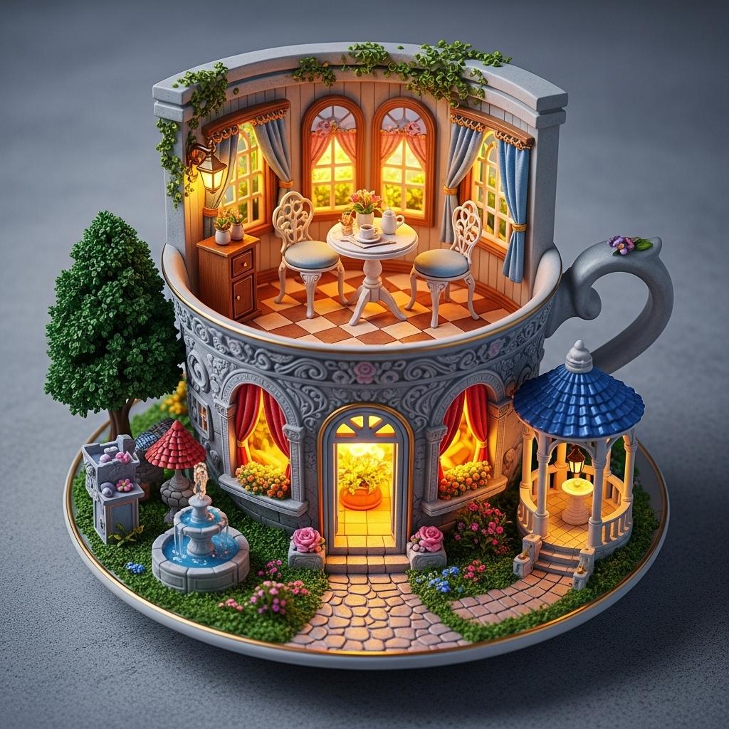 This image is a captivating and intricate miniature diorama that is artistically crafted to resemble a charming, fairytalelike scene. The medium appears to be a ceramic or porcelain teacup and saucer, which have been expertly transformed into a threedimensional canvas for this whimsical creation.The teacup itself is adorned with a detailed and ornate exterior, featuring a richly textured surface that is reminiscent of a classical European cityscape. The cups exterior is painted in a palette of soft pastels, predominantly in shades of blue and white, with touches of gold and hints of other colors that suggest the presence of buildings, foliage, and architectural details. The cups handle is gracefully curved, and the rim is decorated with a floral motif that complements the overall design.The interior of the cup reveals a cozy, warmly lit miniature room with a charming, inviting atmosphere. The walls are adorned with a variety of windows, each with its own unique design and curtains, and the room is furnished with a small, round table and two matching chairs, suggesting a space for intimate gatherings or quiet contemplation. The floor is tiled in a checkerboard pattern, adding to the rooms charm and coziness.The saucer beneath the cup is equally detailed and complements the cups design. It features a similar pastel color palette and is embellished with a floral pattern that echoes the cups rim. The saucer also contains a miniature garden with lush greenery, a small fountain with a red roof, and a charming gazebo with a blue roof and a single lantern, all contributing to the overall enchanting and idyllic setting.The objects in the image are meticulously crafted to create a sense of depth and realism. The miniature furniture, plants, and architectural details are all carefully arranged to create a harmonious and inviting scene. The warm lighting within the cup casts a soft glow on the objects, enhancing their textures and colors and contributing to the overall magical and dreamlike quality of the image.Overall, the art style of this image is reminiscent of traditional miniature dioramas, with a touch of fantasy and whimsy. The use of pastel colors and intricate details creates a sense of delicate beauty and nostalgia, inviting the viewer to step into a world that is both charming and enchanting.