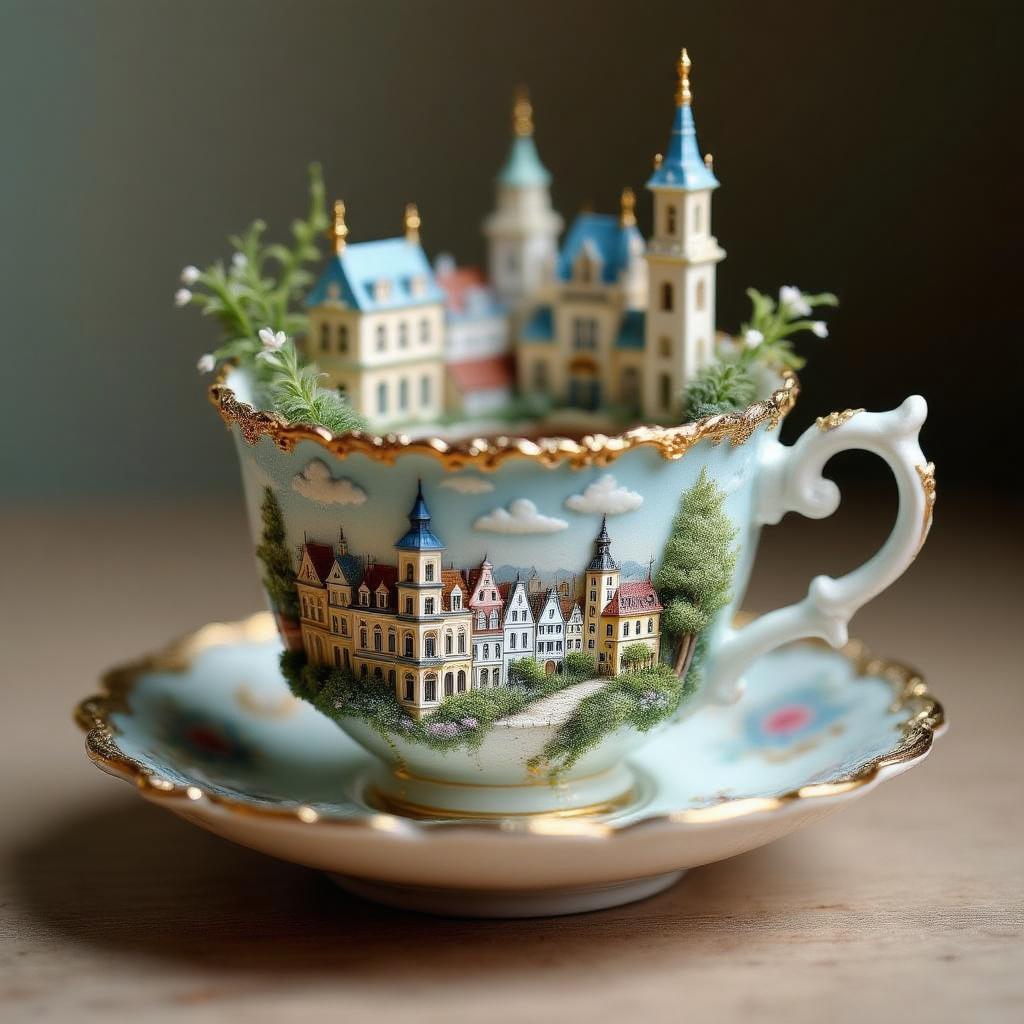 This image is a captivating and intricate miniature diorama that is artistically crafted to resemble a charming, fairytalelike scene. The medium appears to be a ceramic or porcelain teacup and saucer, which have been expertly transformed into a threedimensional canvas for this whimsical creation.The teacup itself is adorned with a detailed and ornate exterior, featuring a richly textured surface that is reminiscent of a classical European cityscape. The cups exterior is painted in a palette of soft pastels, predominantly in shades of blue and white, with touches of gold and hints of other colors that suggest the presence of buildings, foliage, and architectural details. The cups handle is gracefully curved, and the rim is decorated with a floral motif that complements the overall design.The interior of the cup reveals a cozy, warmly lit miniature room with a charming, inviting atmosphere. The walls are adorned with a variety of windows, each with its own unique design and curtains, and the room is furnished with a small, round table and two matching chairs, suggesting a space for intimate gatherings or quiet contemplation. The floor is tiled in a checkerboard pattern, adding to the rooms charm and coziness.The saucer beneath the cup is equally detailed and complements the cups design. It features a similar pastel color palette and is embellished with a floral pattern that echoes the cups rim. The saucer also contains a miniature garden with lush greenery, a small fountain with a red roof, and a charming gazebo with a blue roof and a single lantern, all contributing to the overall enchanting and idyllic setting.The objects in the image are meticulously crafted to create a sense of depth and realism. The miniature furniture, plants, and architectural details are all carefully arranged to create a harmonious and inviting scene. The warm lighting within the cup casts a soft glow on the objects, enhancing their textures and colors and contributing to the overall magical and dreamlike quality of the image.Overall, the art style of this image is reminiscent of traditional miniature dioramas, with a touch of fantasy and whimsy. The use of pastel colors and intricate details creates a sense of delicate beauty and nostalgia, inviting the viewer to step into a world that is both charming and enchanting.