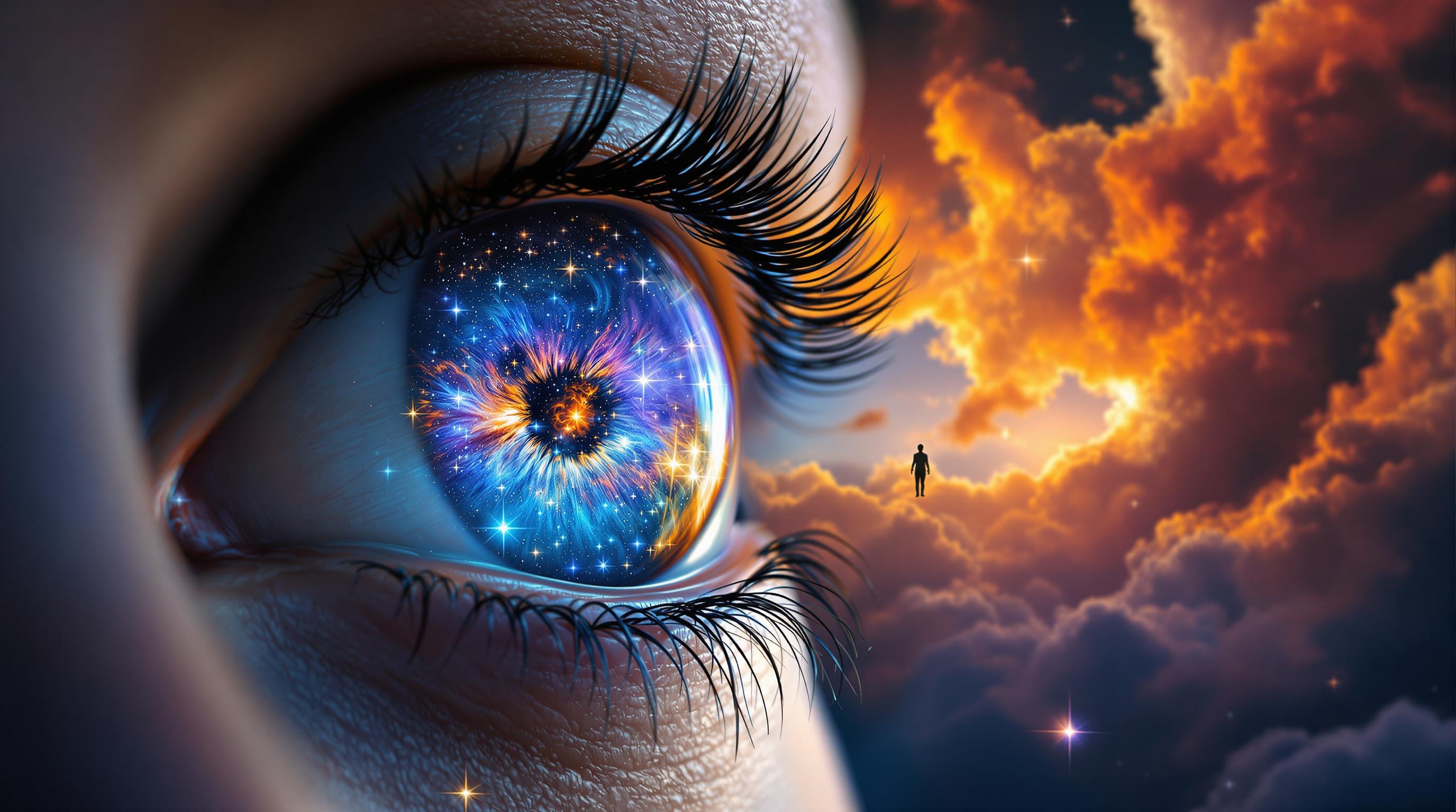 This image is a digital artwork that combines elements of surrealism and cosmic imagery. The focal point is a closeup of a human eye, which serves as a portal to a vibrant and colorful galaxy. The whole eye is a tapestry of swirling nebulae in hues of blue, orange, and purple, with stars scattered throughout, giving the impression of looking into the depths of space.The eyelashes are delicately detailed, with individual strands that add a sense of realism to the otherwise fantastical scene. The sclera, or the white part of the eye, is clear and smooth, providing a stark contrast to the rich colors of the galaxy within.To the right of the eye, there is a small, silhouette of a figure, seemingly floating in space. The figure is positioned against a backdrop of fiery clouds, with shades of orange and yellow that suggest a distant nebula or a supernova. The clouds are textured and appear to be in motion, with wisps of light that add to the dynamic feel of the scene.The overall art style is one of digital painting, with a high level of detail and attention to texture. The medium appears to be a combination of photo manipulation, creating a seamless blend of reality and fantasy.The colors used in the image are rich and evocative, with a predominance of blues, oranges, and yellows that suggest the vastness and warmth of space. The contrast between the cool tones of the galaxy and the warm tones of the clouds adds depth and dimension to the composition.In summary, this image is a powerful and imaginative depiction of the cosmos, seen through the lens of a human eye. It invites viewers to ponder the mysteries of the universe and our place within it.