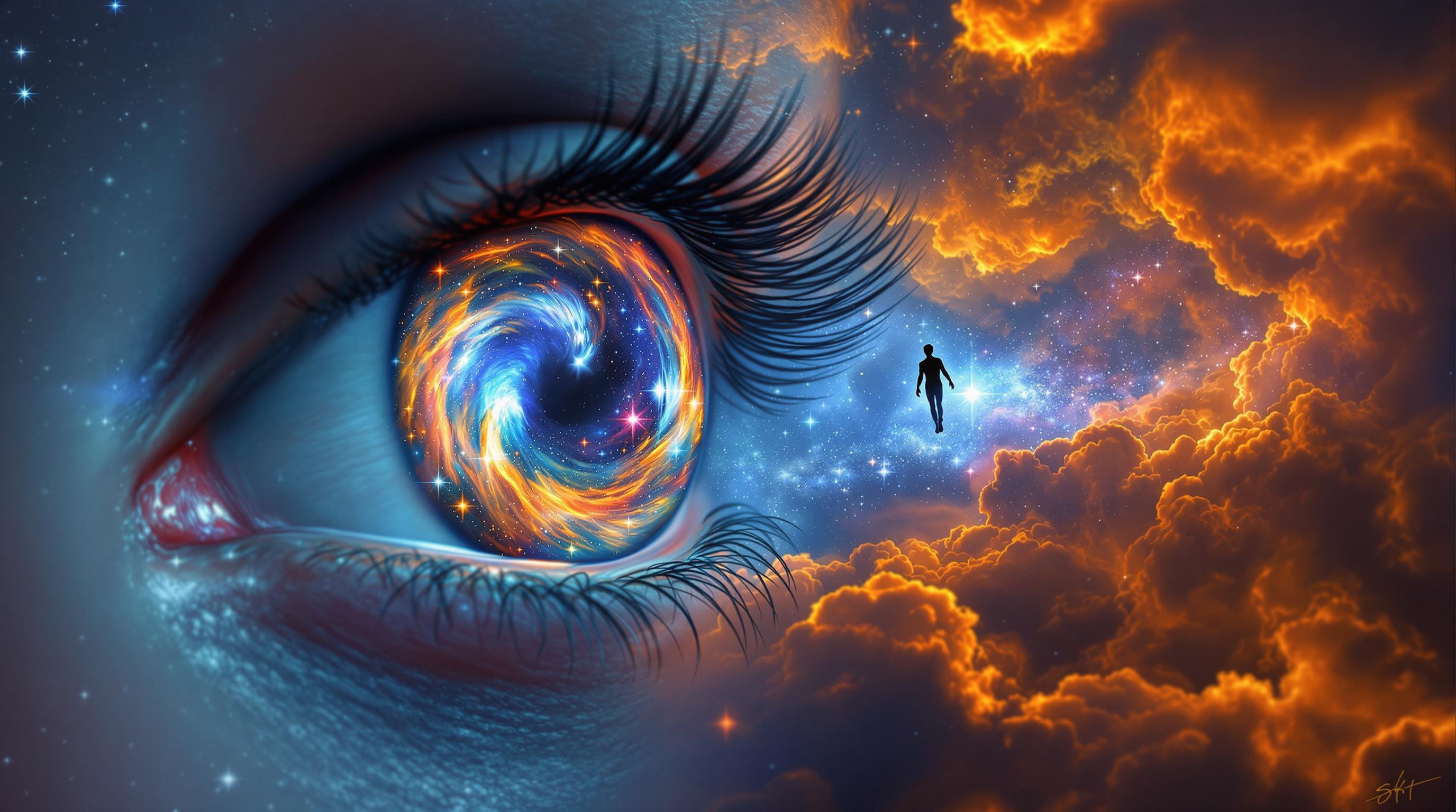 This image is a digital artwork that combines elements of surrealism and cosmic imagery. The focal point is a closeup of a human eye, which serves as a portal to a vibrant and colorful galaxy. The whole eye is a tapestry of swirling nebulae in hues of blue, orange, and purple, with stars scattered throughout, giving the impression of looking into the depths of space.The eyelashes are delicately detailed, with individual strands that add a sense of realism to the otherwise fantastical scene. The sclera, or the white part of the eye, is clear and smooth, providing a stark contrast to the rich colors of the galaxy within.To the right of the eye, there is a small, silhouette of a figure, seemingly floating in space. The figure is positioned against a backdrop of fiery clouds, with shades of orange and yellow that suggest a distant nebula or a supernova. The clouds are textured and appear to be in motion, with wisps of light that add to the dynamic feel of the scene.The overall art style is one of digital painting, with a high level of detail and attention to texture. The medium appears to be a combination of photo manipulation, creating a seamless blend of reality and fantasy.The colors used in the image are rich and evocative, with a predominance of blues, oranges, and yellows that suggest the vastness and warmth of space. The contrast between the cool tones of the galaxy and the warm tones of the clouds adds depth and dimension to the composition.In summary, this image is a powerful and imaginative depiction of the cosmos, seen through the lens of a human eye. It invites viewers to ponder the mysteries of the universe and our place within it.