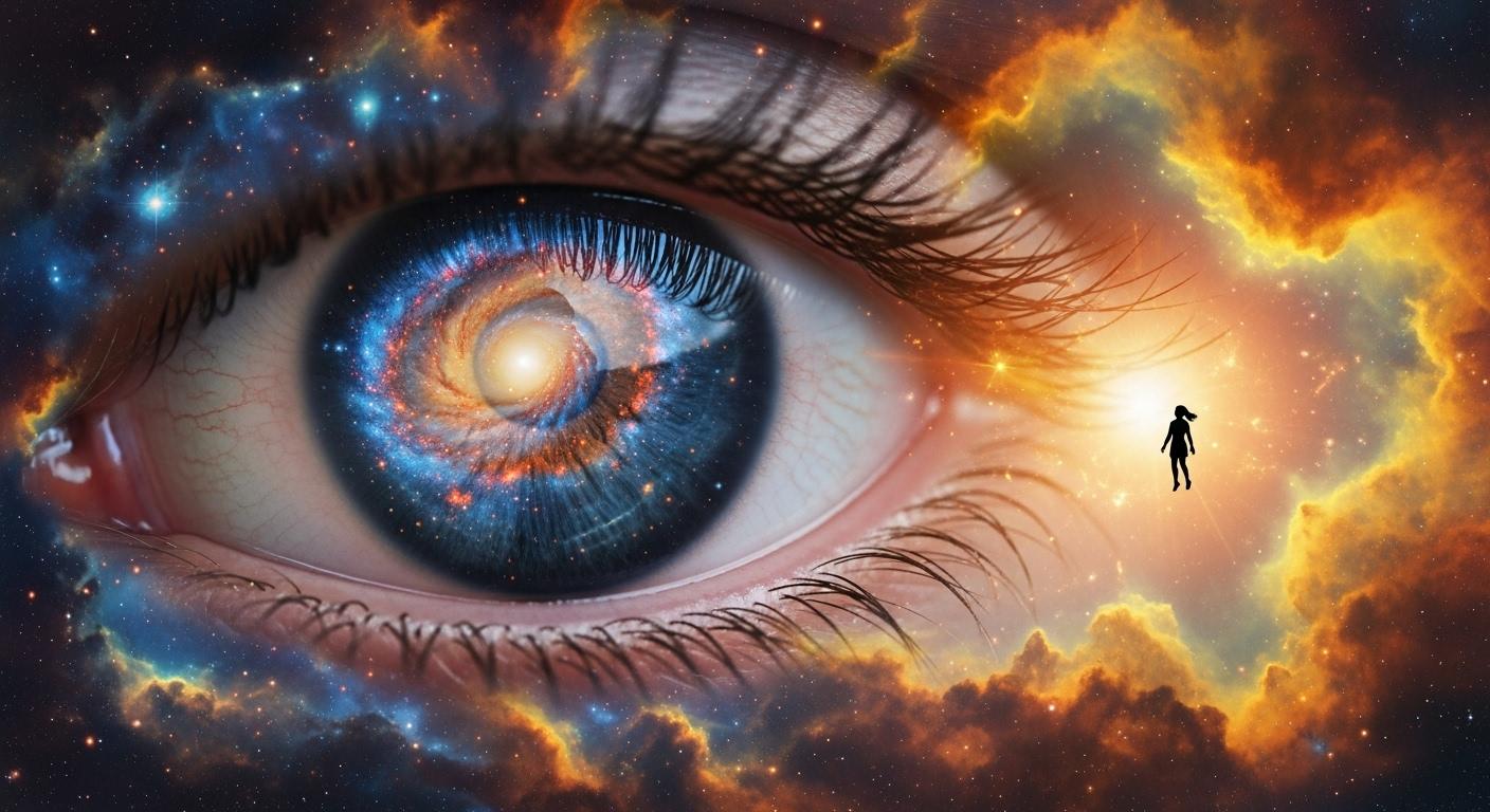 This image is a digital artwork that combines elements of surrealism and cosmic imagery. The focal point is a closeup of a human eye, which serves as a portal to a vibrant and colorful galaxy. The whole eye is a tapestry of swirling nebulae in hues of blue, orange, and purple, with stars scattered throughout, giving the impression of looking into the depths of space.The eyelashes are delicately detailed, with individual strands that add a sense of realism to the otherwise fantastical scene. The sclera, or the white part of the eye, is clear and smooth, providing a stark contrast to the rich colors of the galaxy within.To the right of the eye, there is a small, silhouette of a figure, seemingly floating in space. The figure is positioned against a backdrop of fiery clouds, with shades of orange and yellow that suggest a distant nebula or a supernova. The clouds are textured and appear to be in motion, with wisps of light that add to the dynamic feel of the scene.The overall art style is one of digital painting, with a high level of detail and attention to texture. The medium appears to be a combination of photo manipulation, creating a seamless blend of reality and fantasy.The colors used in the image are rich and evocative, with a predominance of blues, oranges, and yellows that suggest the vastness and warmth of space. The contrast between the cool tones of the galaxy and the warm tones of the clouds adds depth and dimension to the composition.In summary, this image is a powerful and imaginative depiction of the cosmos, seen through the lens of a human eye. It invites viewers to ponder the mysteries of the universe and our place within it