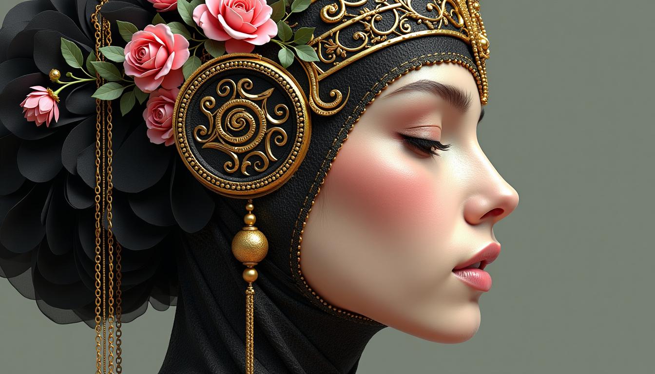 This image is a closeup and detailed depiction of a figures profile, adorned with an elaborate and intricate headdress. The art style is reminiscent of a blend of classical and futuristic elements, with a strong emphasis on ornate detailing and a rich, opulent color palette.The medium appears to be a digital painting, given the smooth gradients and seamless blending of colors. The figures skin is rendered with a high degree of realism, featuring subtle blushes and a soft, natural texture.The headdress is the focal point of the image, and it is a masterpiece of craftsmanship. It is predominantly black with gold and pink accents, creating a striking contrast. The black background of the headdress is adorned with a complex array of patterns, including floral motifs and geometric shapes. These patterns are meticulously designed with precision, and they are highlighted by the gold detailing.The gold elements are intricate and ornate, featuring swirls, spirals, and floral designs that are reminiscent of baroque artistry. They are applied in a way that gives the impression of depth and threedimensionality, making the headdress appear as if it could be tangible.Pink accents are scattered throughout the headdress, primarily in the form of small, delicate flowers and leaves. These elements add a touch of femininity and softness to the otherwise bold and imposing design.The headdress also features a series of golden chains that drape elegantly down the figures neck. These chains are adorned with small, spherical pendants that catch the light, adding a dynamic element to the otherwise static design.Overall, the image exudes a sense of grandeur, luxury, and mystery. The figures serene expression and the closed eyes add to the enigmatic quality of the piece, inviting the viewer to ponder the story behind this opulent and ornate headdress.