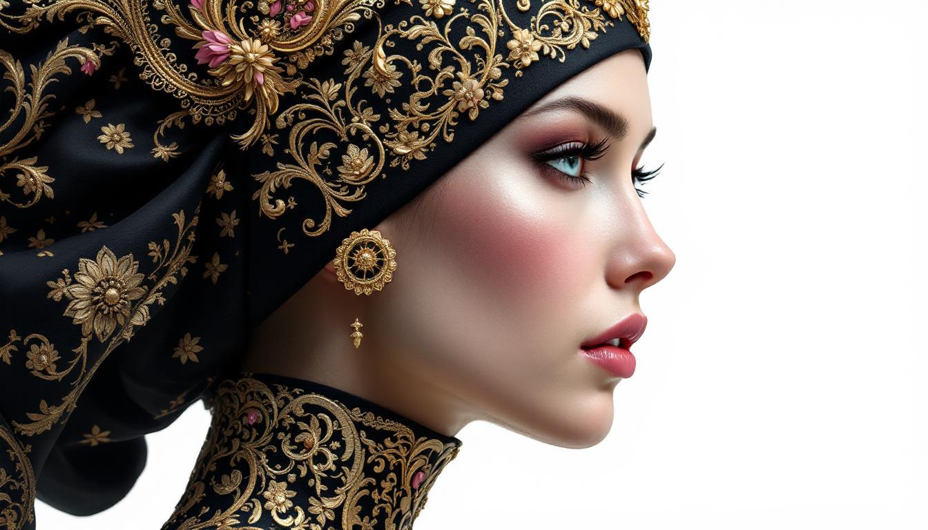 This image is a closeup and detailed depiction of a figures profile, adorned with an elaborate and intricate headdress. The art style is reminiscent of a blend of classical and futuristic elements, with a strong emphasis on ornate detailing and a rich, opulent color palette.The medium appears to be a digital painting, given the smooth gradients and seamless blending of colors. The figures skin is rendered with a high degree of realism, featuring subtle blushes and a soft, natural texture.The headdress is the focal point of the image, and it is a masterpiece of craftsmanship. It is predominantly black with gold and pink accents, creating a striking contrast. The black background of the headdress is adorned with a complex array of patterns, including floral motifs and geometric shapes. These patterns are meticulously designed with precision, and they are highlighted by the gold detailing.The gold elements are intricate and ornate, featuring swirls, spirals, and floral designs that are reminiscent of baroque artistry. They are applied in a way that gives the impression of depth and threedimensionality, making the headdress appear as if it could be tangible.Pink accents are scattered throughout the headdress, primarily in the form of small, delicate flowers and leaves. These elements add a touch of femininity and softness to the otherwise bold and imposing design.The headdress also features a series of golden chains that drape elegantly down the figures neck. These chains are adorned with small, spherical pendants that catch the light, adding a dynamic element to the otherwise static design.Overall, the image exudes a sense of grandeur, luxury, and mystery. The figures serene expression and the closed eyes add to the enigmatic quality of the piece, inviting the viewer to ponder the story behind this opulent and ornate headdress.