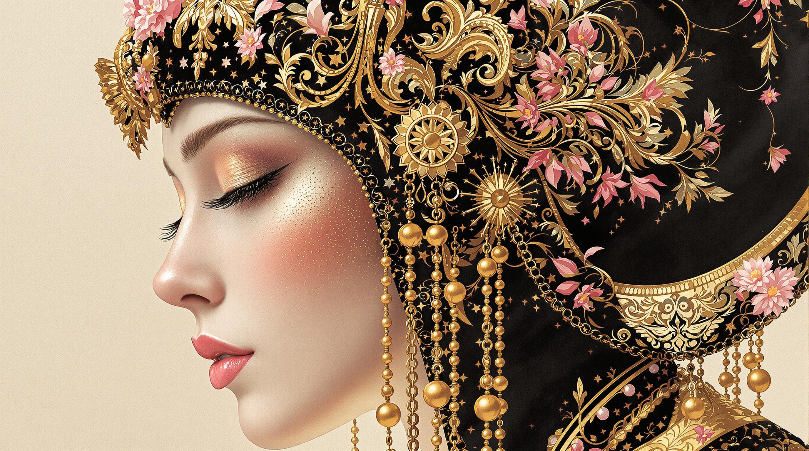 This image is a closeup and detailed depiction of a figures profile, adorned with an elaborate and intricate headdress. The art style is reminiscent of a blend of classical and futuristic elements, with a strong emphasis on ornate detailing and a rich, opulent color palette.The medium appears to be a digital painting, given the smooth gradients and seamless blending of colors. The figures skin is rendered with a high degree of realism, featuring subtle blushes and a soft, natural texture.The headdress is the focal point of the image, and it is a masterpiece of craftsmanship. It is predominantly black with gold and pink accents, creating a striking contrast. The black background of the headdress is adorned with a complex array of patterns, including floral motifs and geometric shapes. These patterns are meticulously designed with precision, and they are highlighted by the gold detailing.The gold elements are intricate and ornate, featuring swirls, spirals, and floral designs that are reminiscent of baroque artistry. They are applied in a way that gives the impression of depth and threedimensionality, making the headdress appear as if it could be tangible.Pink accents are scattered throughout the headdress, primarily in the form of small, delicate flowers and leaves. These elements add a touch of femininity and softness to the otherwise bold and imposing design.The headdress also features a series of golden chains that drape elegantly down the figures neck. These chains are adorned with small, spherical pendants that catch the light, adding a dynamic element to the otherwise static design.Overall, the image exudes a sense of grandeur, luxury, and mystery. The figures serene expression and the closed eyes add to the enigmatic quality of the piece, inviting the viewer to ponder the story behind this opulent and ornate headdress.