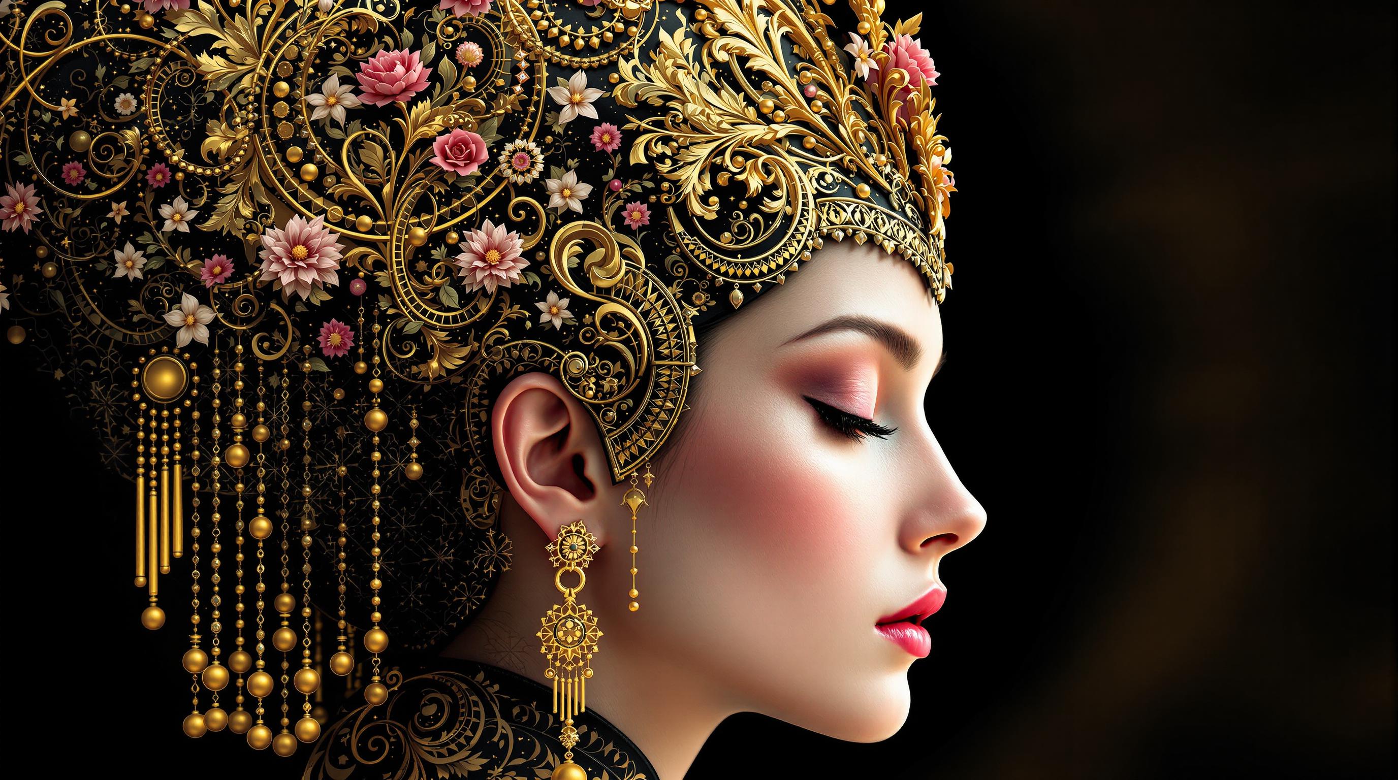 This image is a closeup and detailed depiction of a figures profile, adorned with an elaborate and intricate headdress. The art style is reminiscent of a blend of classical and futuristic elements, with a strong emphasis on ornate detailing and a rich, opulent color palette.The medium appears to be a digital painting, given the smooth gradients and seamless blending of colors. The figures skin is rendered with a high degree of realism, featuring subtle blushes and a soft, natural texture.The headdress is the focal point of the image, and it is a masterpiece of craftsmanship. It is predominantly black with gold and pink accents, creating a striking contrast. The black background of the headdress is adorned with a complex array of patterns, including floral motifs and geometric shapes. These patterns are meticulously designed with precision, and they are highlighted by the gold detailing.The gold elements are intricate and ornate, featuring swirls, spirals, and floral designs that are reminiscent of baroque artistry. They are applied in a way that gives the impression of depth and threedimensionality, making the headdress appear as if it could be tangible.Pink accents are scattered throughout the headdress, primarily in the form of small, delicate flowers and leaves. These elements add a touch of femininity and softness to the otherwise bold and imposing design.The headdress also features a series of golden chains that drape elegantly down the figures neck. These chains are adorned with small, spherical pendants that catch the light, adding a dynamic element to the otherwise static design.Overall, the image exudes a sense of grandeur, luxury, and mystery. The figures serene expression and the closed eyes add to the enigmatic quality of the piece, inviting the viewer to ponder the story behind this opulent and ornate headdress.