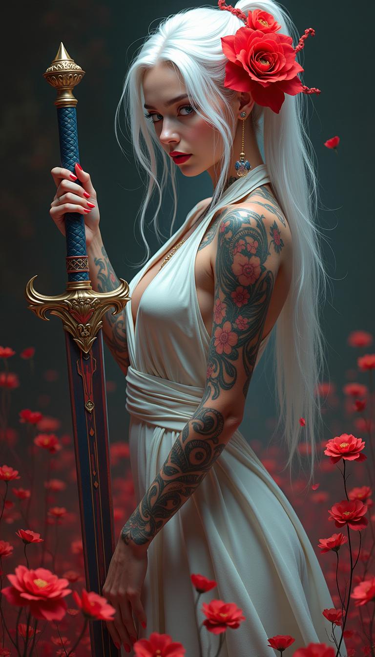 This is an image that exudes a sense of fantasy and mystique, with a strong emphasis on the interplay between the subject and the surrounding environment. The art style is reminiscent of digital painting, with a high level of detail and a cinematic quality that suggests it could be a concept art piece for a video game or a movie.The medium appears to be digital painting, as evidenced by the smooth blending of colors and the lack of texture that one might find in traditional painting mediums. The use of lighting and shadow is masterful, creating a sense of depth and dimension that brings the subject to life.The colors in the image are rich and vibrant, with a predominance of reds and oranges that stand out against the darker background. The reds are particularly striking, with a variety of shades from deep crimson to bright scarlet, creating a sense of passion and intensity. The contrast between the warm reds and the cool blues and grays of the subjects clothing and the background adds to the dramatic effect of the image.The subject of the image is a female figure with white hair, adorned with red flowers in her hair, which echo the reds in the background. Her tattoos are intricate and cover much of her body, with a mix of floral and geometric patterns. She is wearing a white garment with a high neckline, which is partially obscured by the tattoos and the red flowers. Her hands are tattooed as well, and she is holding a sword with a blue and red hilt, which stands out against the darker tones of the swords blade.The background is filled with red flowers, which seem to be floating around the subject, adding to the ethereal quality of the image. The flowers are depicted with a high level of detail, with petals that appear soft and translucent, and shadows that give them a threedimensional form.Overall, the image is a powerful and evocative piece of art that captures the viewers attention with its striking color contrasts, intricate details, and the mysterious aura that surrounds the subject.