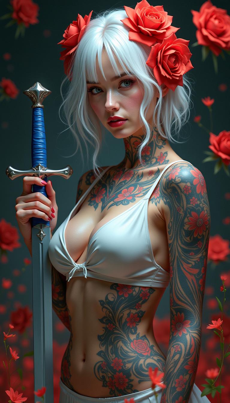 This is an image that exudes a sense of fantasy and mystique, with a strong emphasis on the interplay between the subject and the surrounding environment. The art style is reminiscent of digital painting, with a high level of detail and a cinematic quality that suggests it could be a concept art piece for a video game or a movie.The medium appears to be digital painting, as evidenced by the smooth blending of colors and the lack of texture that one might find in traditional painting mediums. The use of lighting and shadow is masterful, creating a sense of depth and dimension that brings the subject to life.The colors in the image are rich and vibrant, with a predominance of reds and oranges that stand out against the darker background. The reds are particularly striking, with a variety of shades from deep crimson to bright scarlet, creating a sense of passion and intensity. The contrast between the warm reds and the cool blues and grays of the subjects clothing and the background adds to the dramatic effect of the image.The subject of the image is a female figure with white hair, adorned with red flowers in her hair, which echo the reds in the background. Her tattoos are intricate and cover much of her body, with a mix of floral and geometric patterns. She is wearing a white garment with a high neckline, which is partially obscured by the tattoos and the red flowers. Her hands are tattooed as well, and she is holding a sword with a blue and red hilt, which stands out against the darker tones of the swords blade.The background is filled with red flowers, which seem to be floating around the subject, adding to the ethereal quality of the image. The flowers are depicted with a high level of detail, with petals that appear soft and translucent, and shadows that give them a threedimensional form.Overall, the image is a powerful and evocative piece of art that captures the viewers attention with its striking color contrasts, intricate details, and the mysterious aura that surrounds the subject.